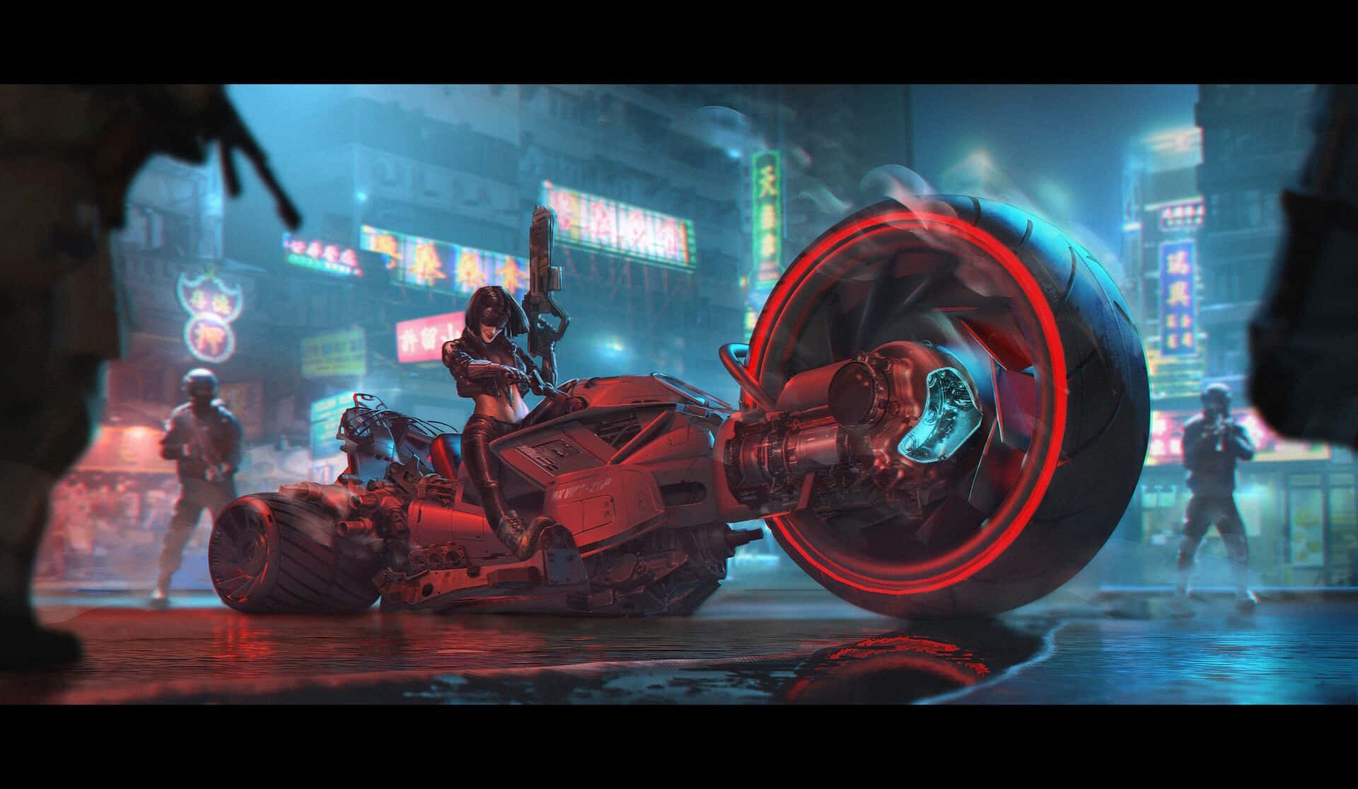 Shadowrun, cyberpunk warrior, glowing red motorcycle, Full HD Desktop Wallpaper