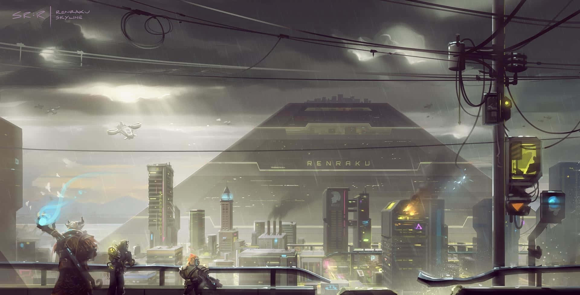 Shadowrun, futuristic cityscape, stormy skies, Full HD Desktop Wallpaper