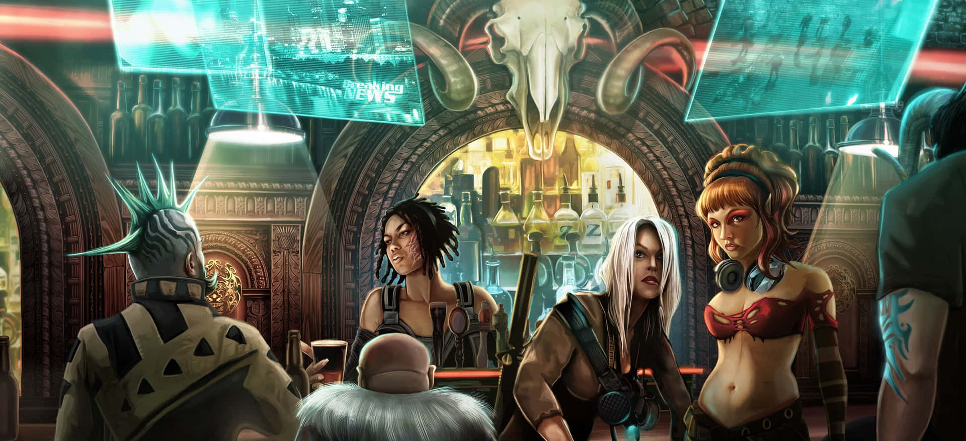 Shadowrun, neon lights, holographic screens, Full HD Desktop Wallpaper