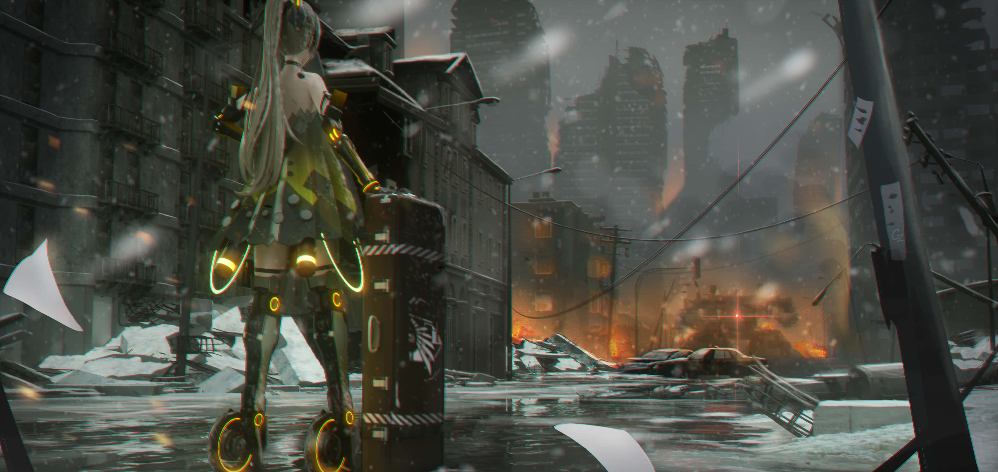 Shadowrun, cybernetic girl, snow-covered ruined city, 2K Desktop Wallpaper