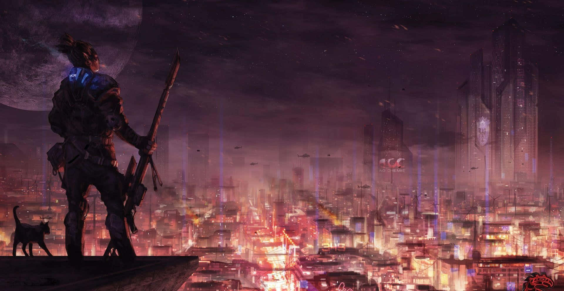 Shadowrun, neon-lit cyberpunk city, massive moon, Full HD Desktop Wallpaper