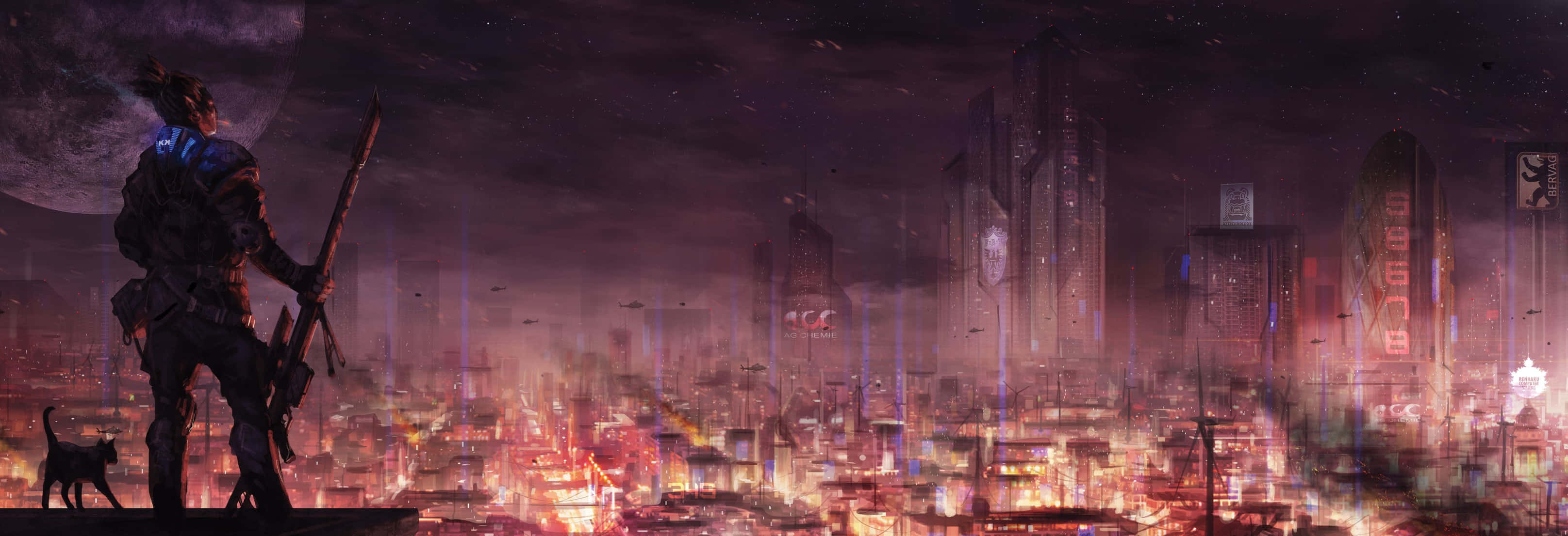 Shadowrun, neon-drenched cyberpunk cityscape, massive moon, 2K Desktop Wallpaper