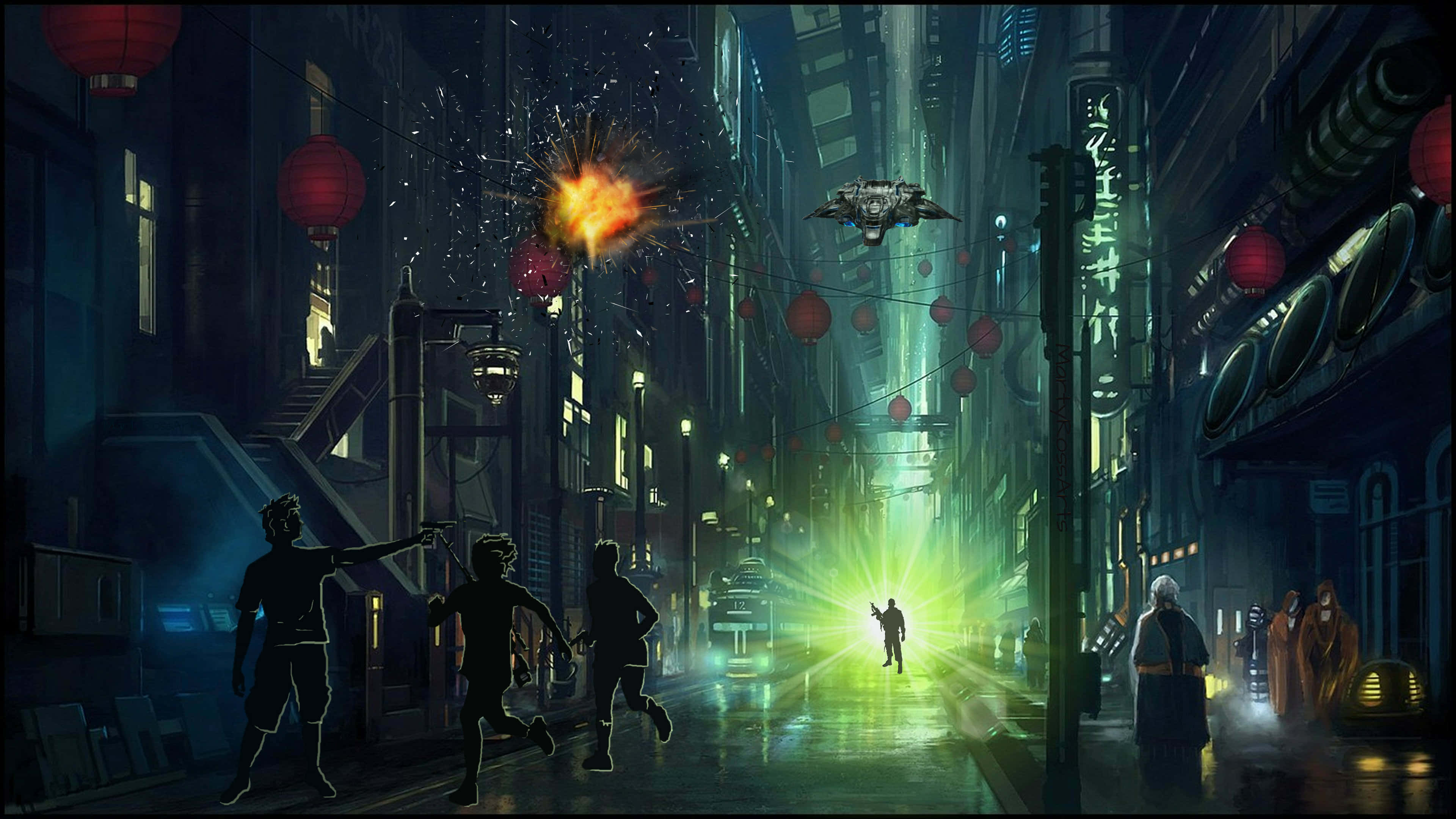 Shadowrun, neon-drenched cyberpunk alley, flying vehicle, 4K Desktop Wallpaper