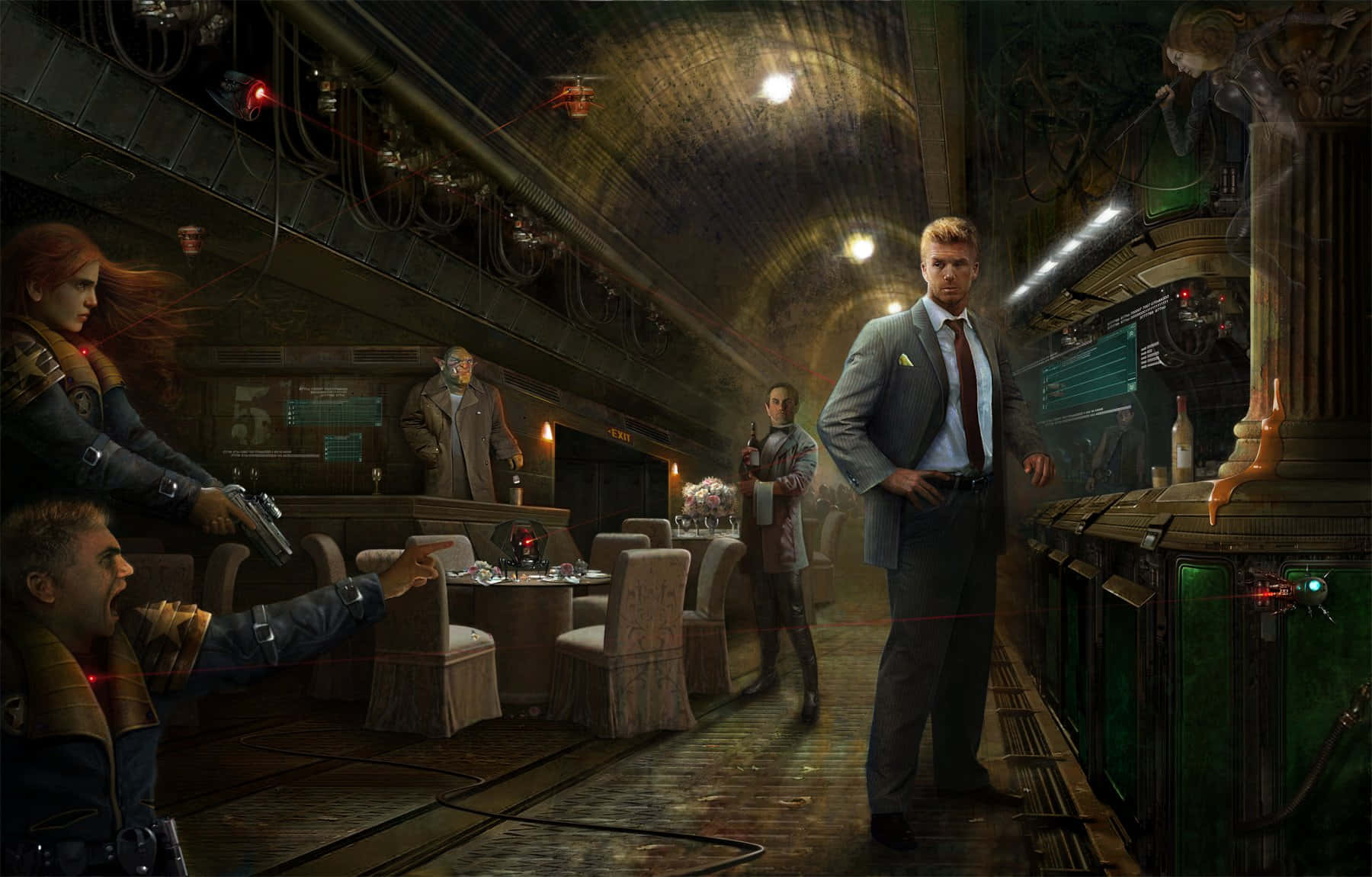 Shadowrun, futuristic underground bar, armed patrons, HD Desktop Wallpaper