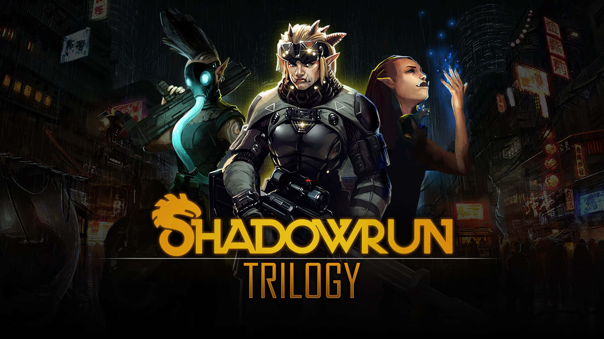 Shadowrun, neon-lit rain-soaked alleyway, glowing signs, Full HD Desktop Wallpaper