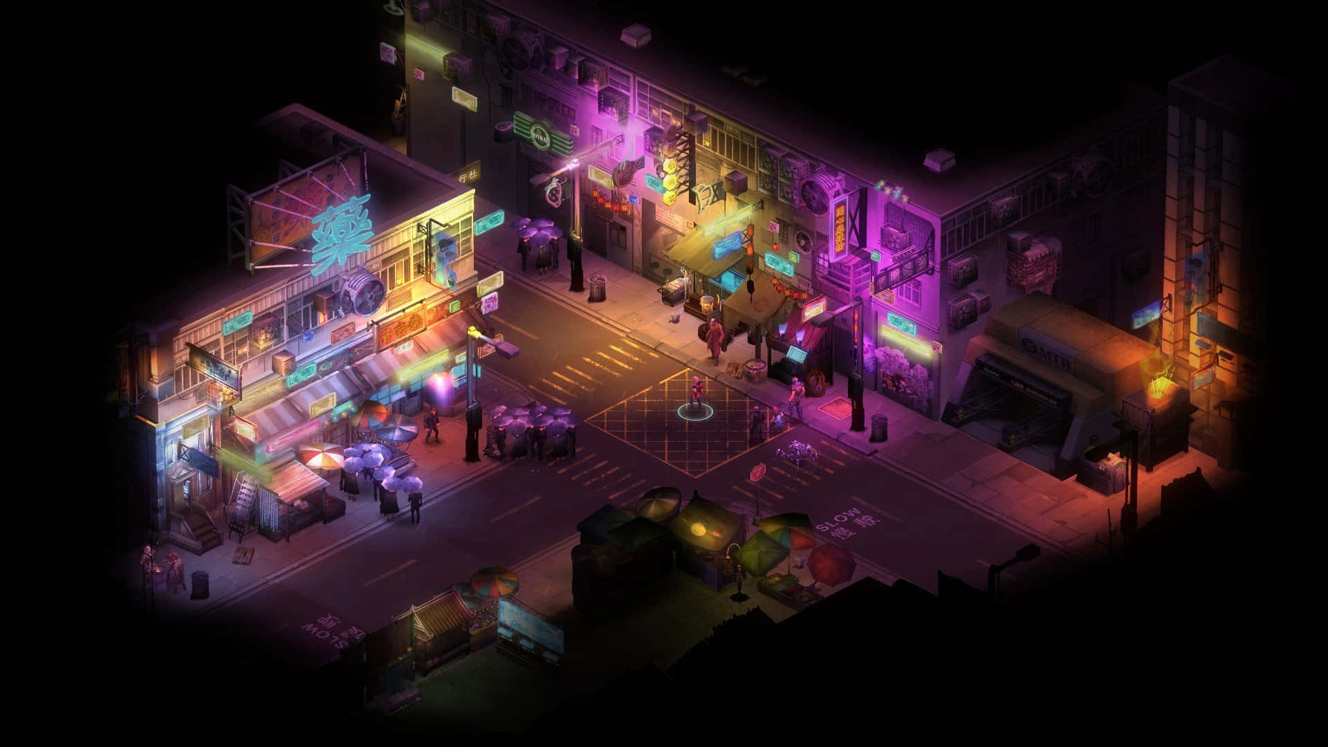 Shadowrun, neon-lit urban street, night, Full HD Desktop Wallpaper