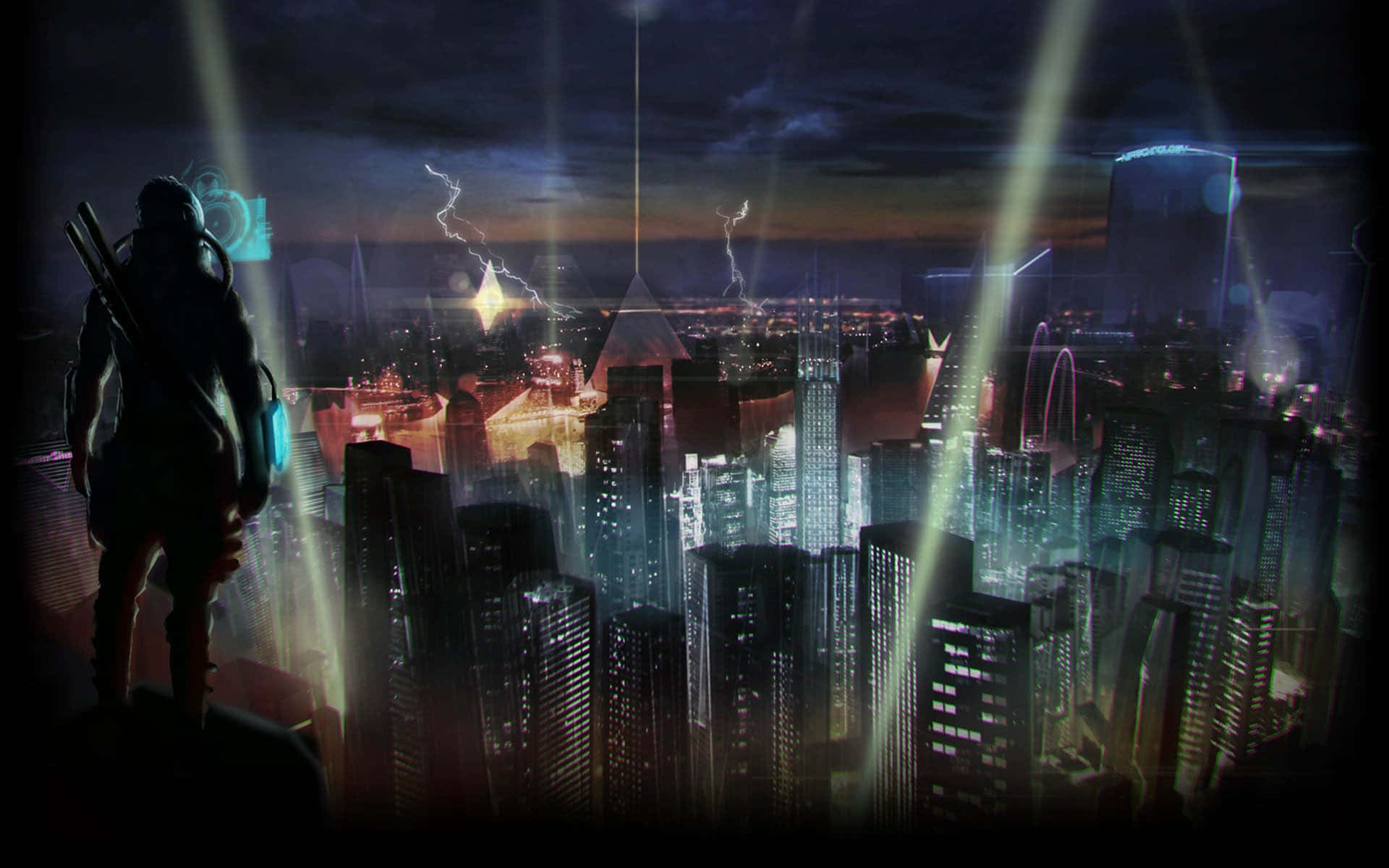 Shadowrun, neon-lit cityscape, stormy night sky, Full HD Desktop Wallpaper