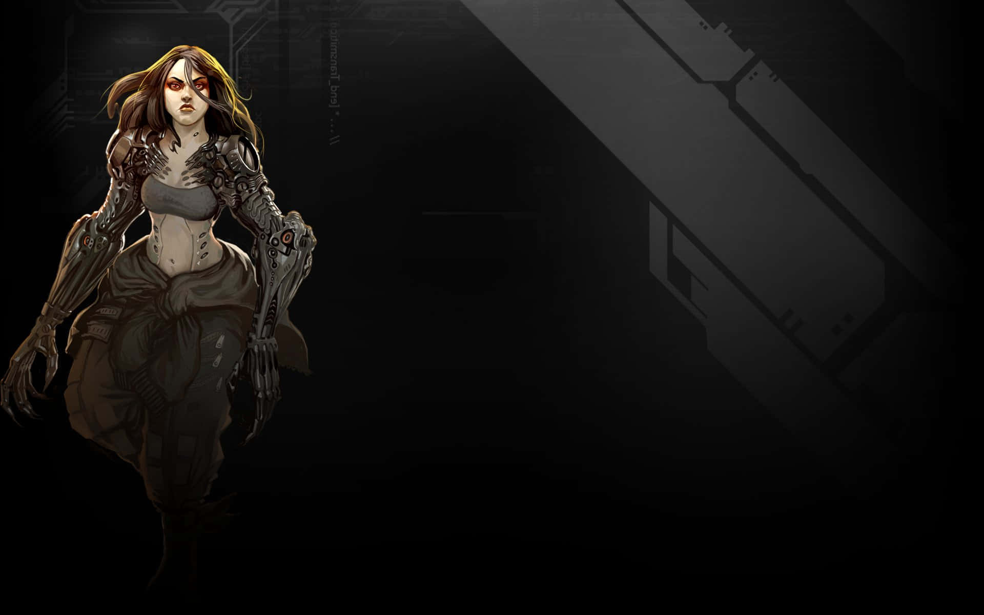 Shadowrun, cybernetic woman, glowing red eyes, Full HD Desktop Wallpaper