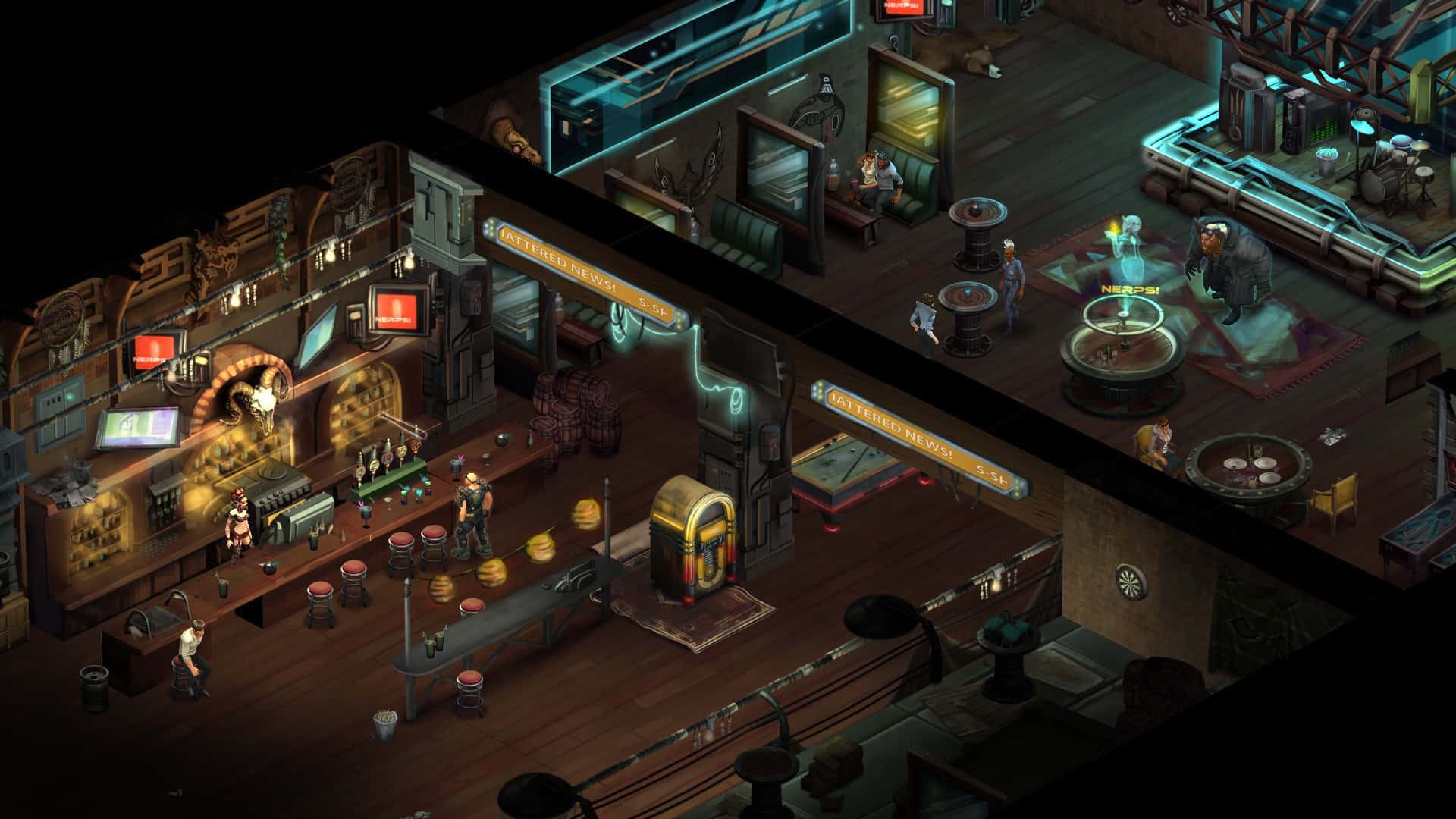 Shadowrun, isometric view, dimly lit retro-futuristic bar, Full HD Desktop Wallpaper