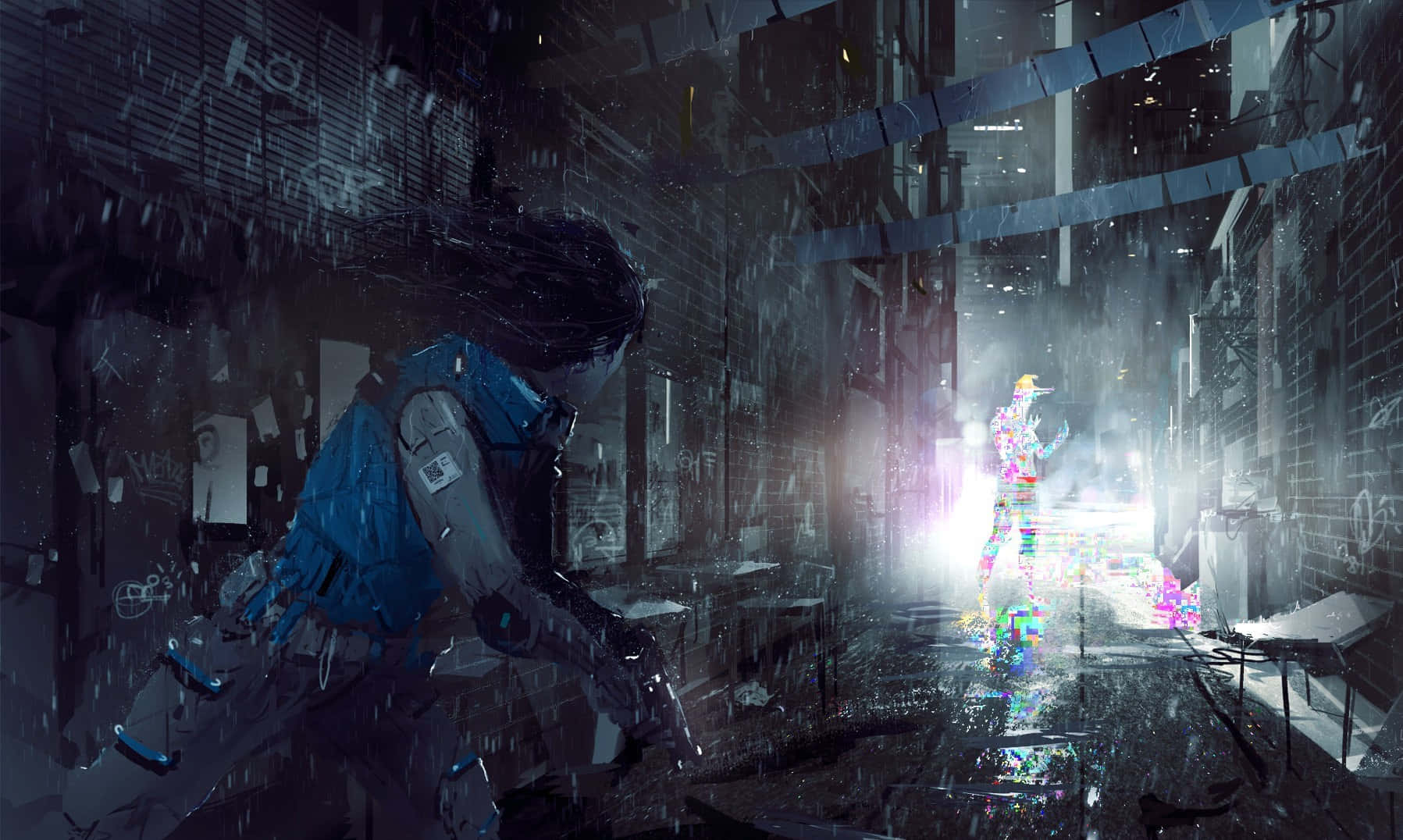 Shadowrun, blue jacket, rain-soaked alley, HD Desktop Wallpaper