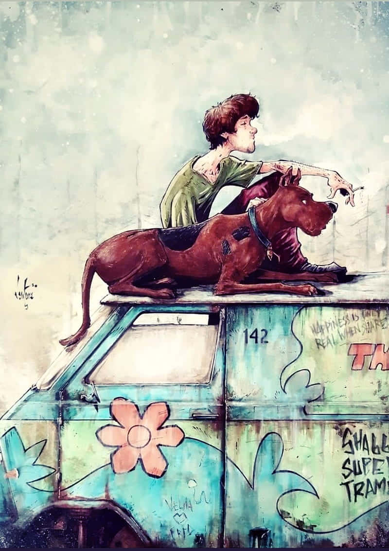 Shaggy Rogers, psychedelic turquoise van, floral decals, SD Phone Wallpaper