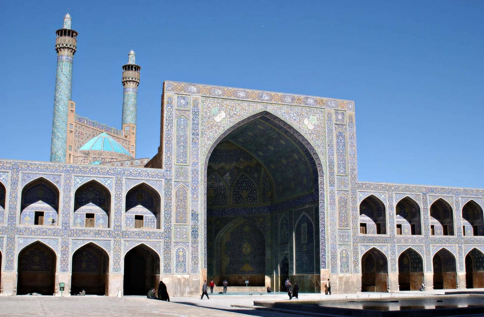 Shah Mosque, turquoise tiled arches, minarets, HD Desktop Wallpaper