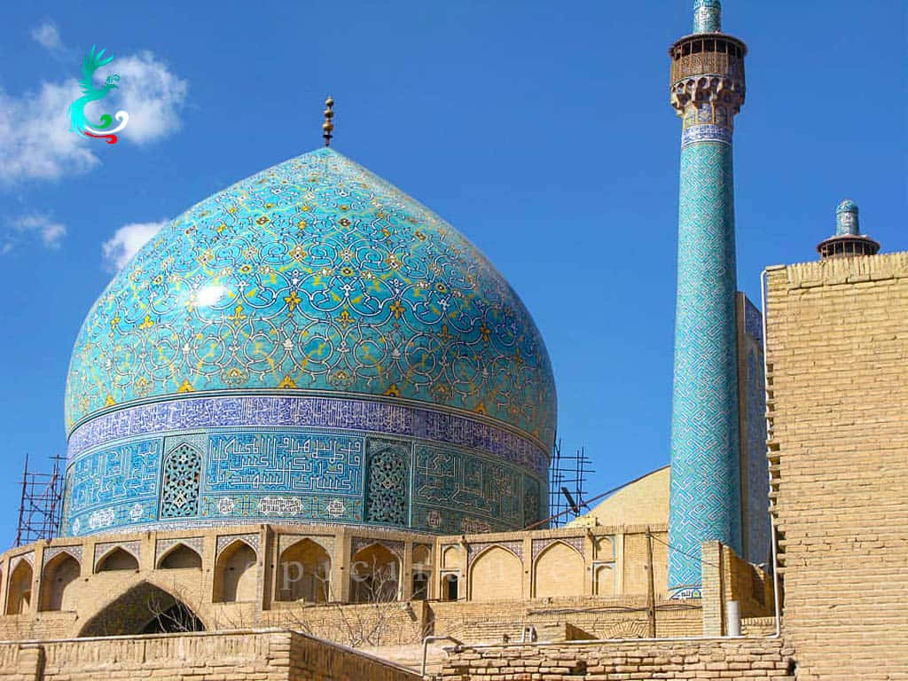 Shah Mosque, turquoise tiled dome, minaret, SD Desktop Wallpaper