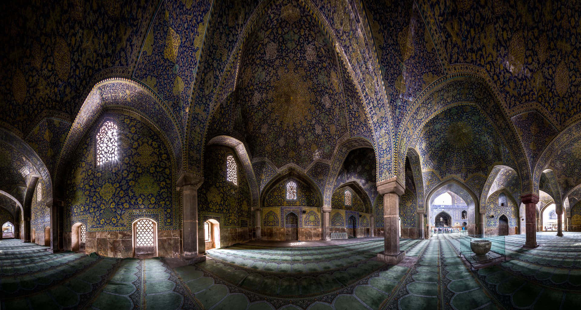Shah Mosque, blue and gold tilework, patterned green carpets, Full HD Desktop Wallpaper