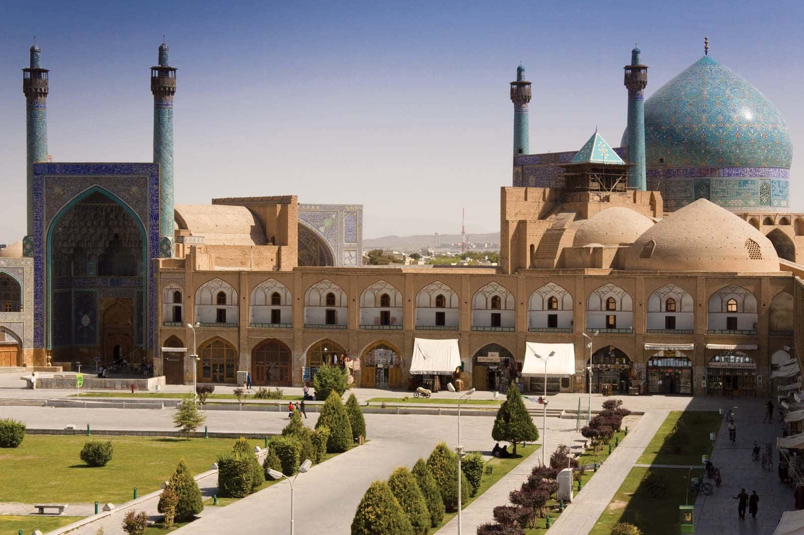 Shah Mosque, turquoise domes, minarets, HD Desktop Wallpaper