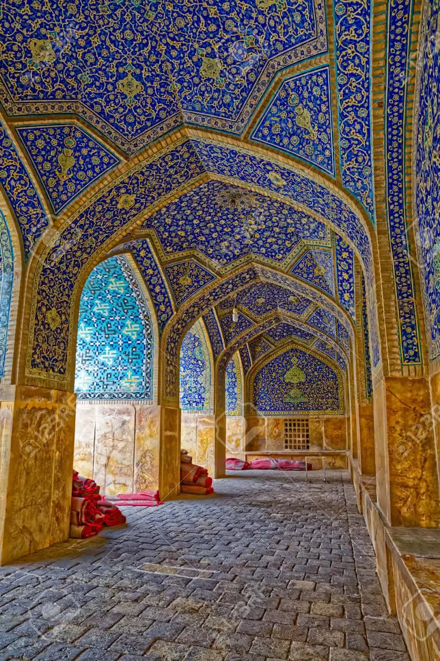 Shah Mosque, blue and gold tiled arches, stone floors, HD Phone Wallpaper