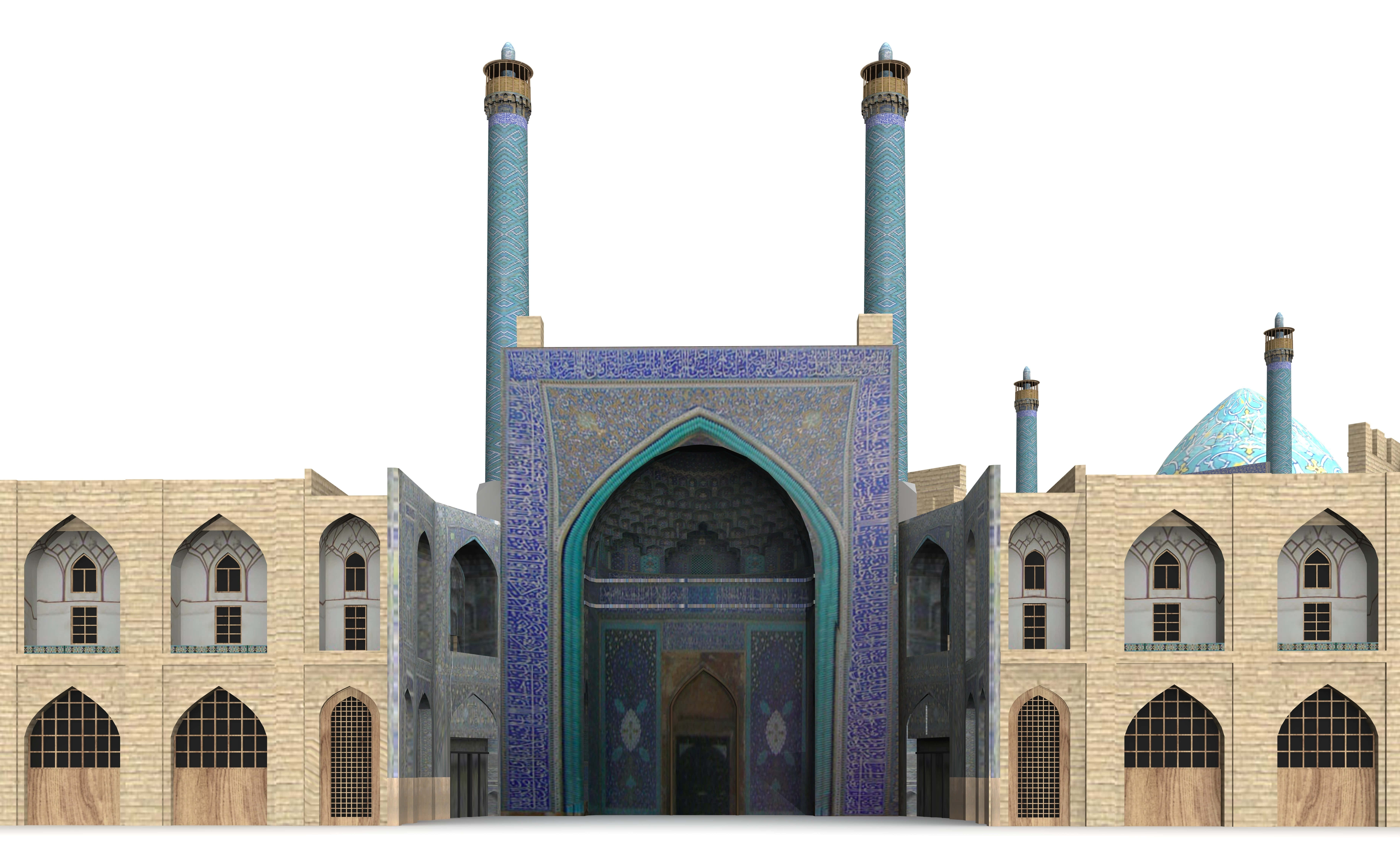 Shah Mosque, turquoise tiled arches, minarets, 5K Desktop Wallpaper
