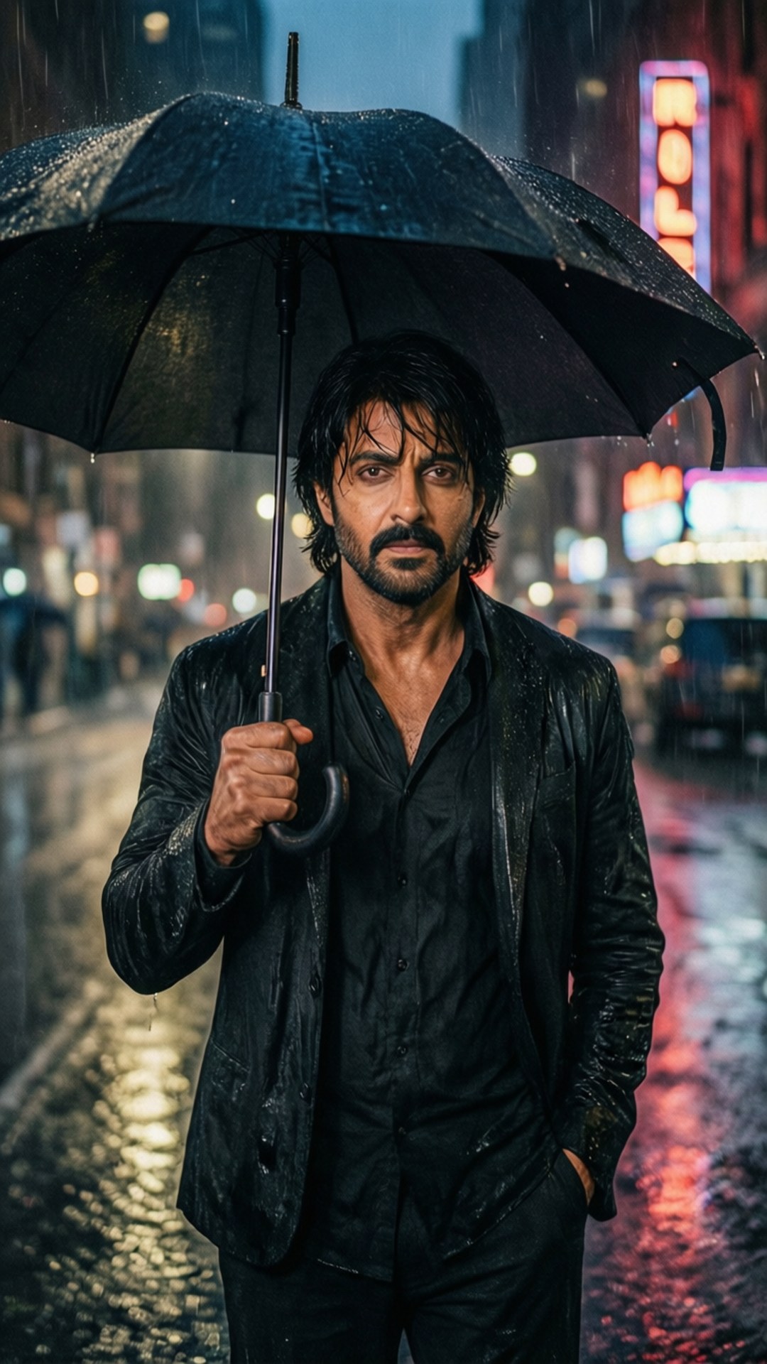 Shah Rukh Khan, umbrella, neon lights, Full HD Phone Wallpaper