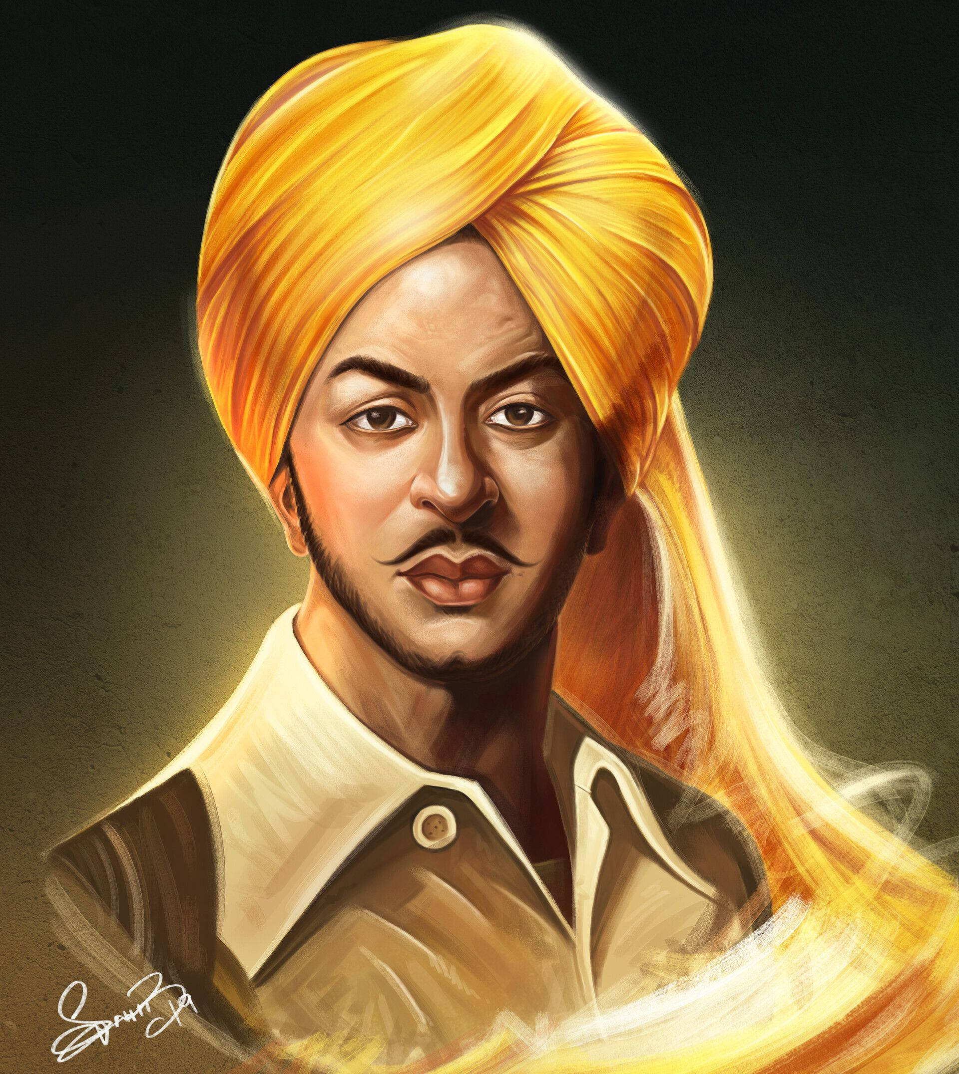 Shaheed Bhagat Singh, golden turban, mustache, Full HD Phone Wallpaper