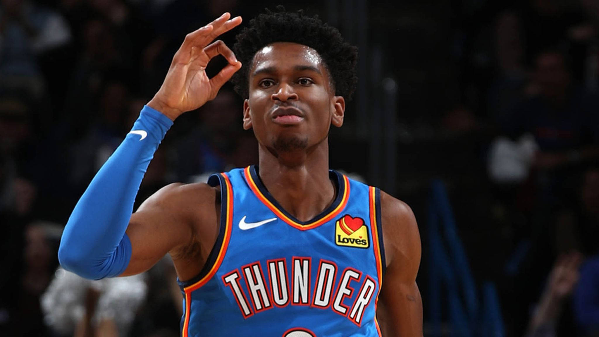 Shai Gilgeous-Alexander, blue Thunder jersey, okay hand sign, Full HD Desktop Wallpaper