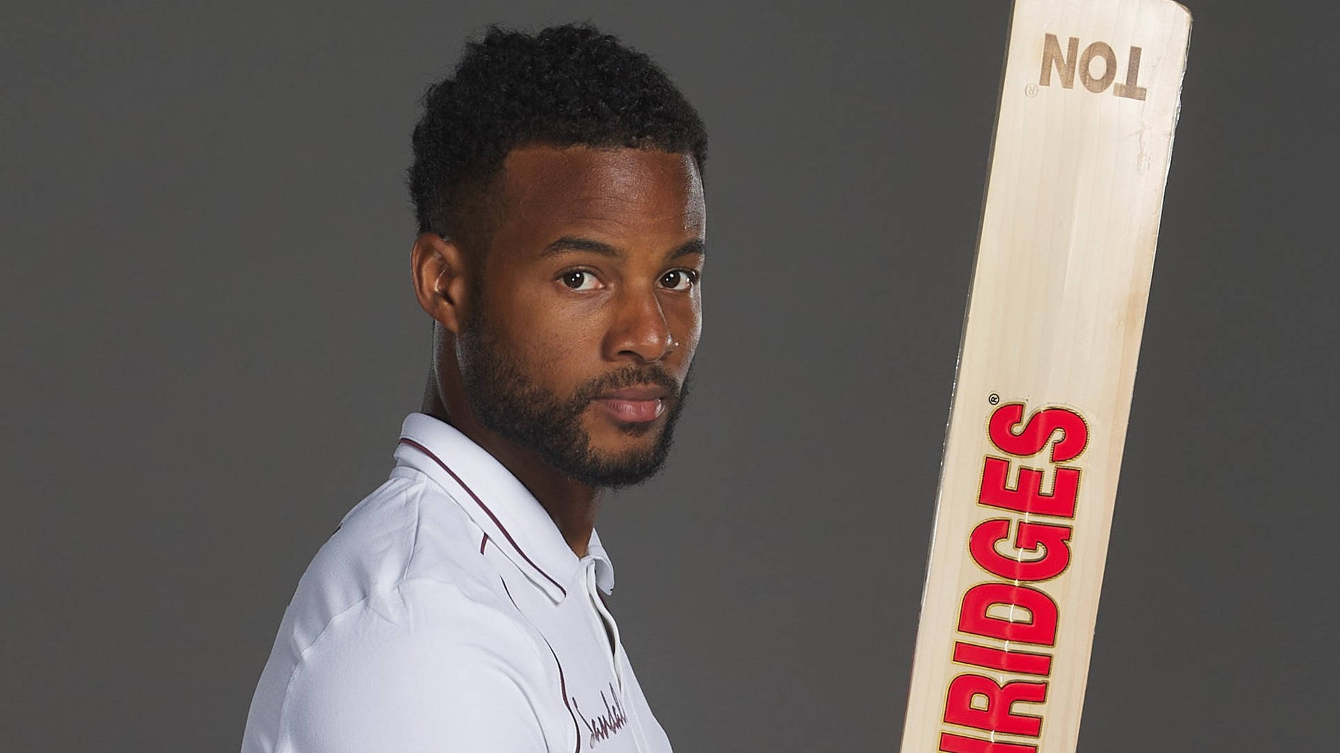 Shai Hope, white uniform, wooden bat, Full HD Desktop Wallpaper