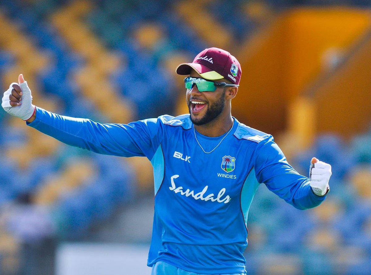 Shai Hope, blue Windies jersey, stadium lights, SD Desktop Wallpaper