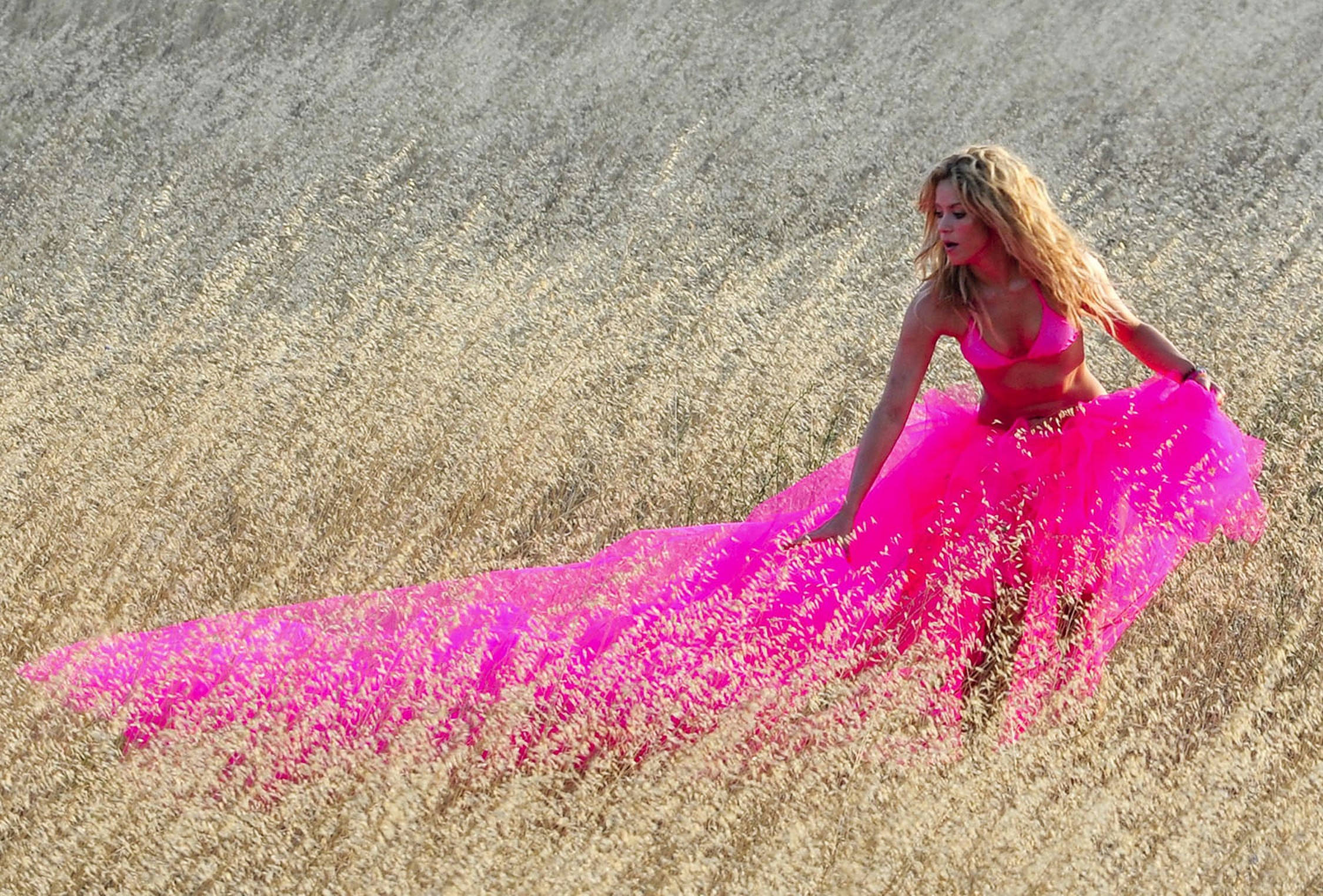 Shakira, vibrant pink dress, golden wheat field, Full HD Desktop Wallpaper