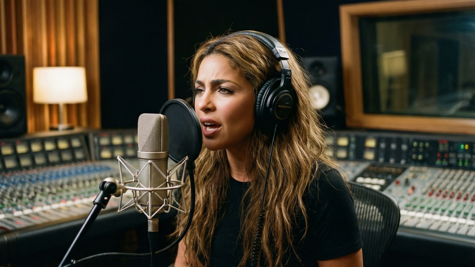 Shakira, studio microphone, headphones, Full HD Desktop Wallpaper