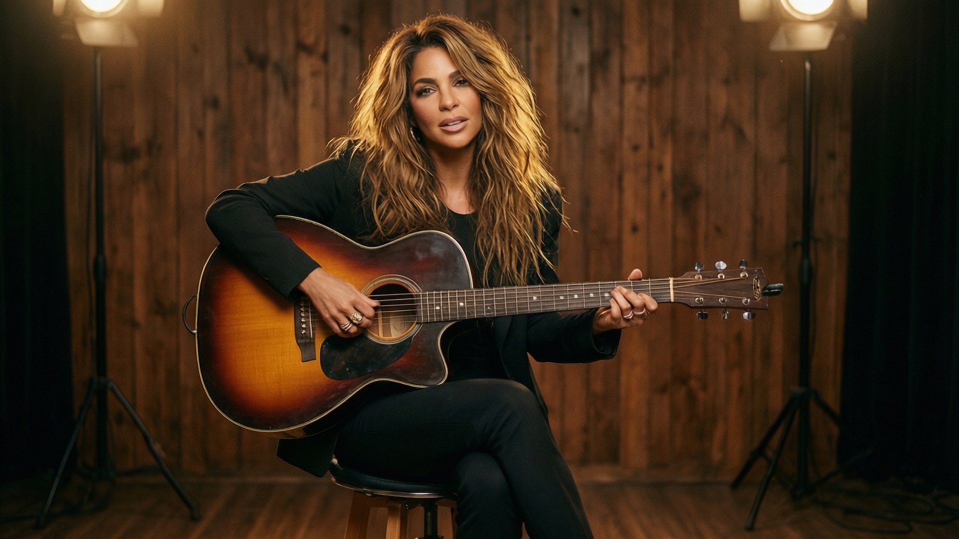 Shakira, acoustic guitar, wooden wall, Full HD Desktop Wallpaper