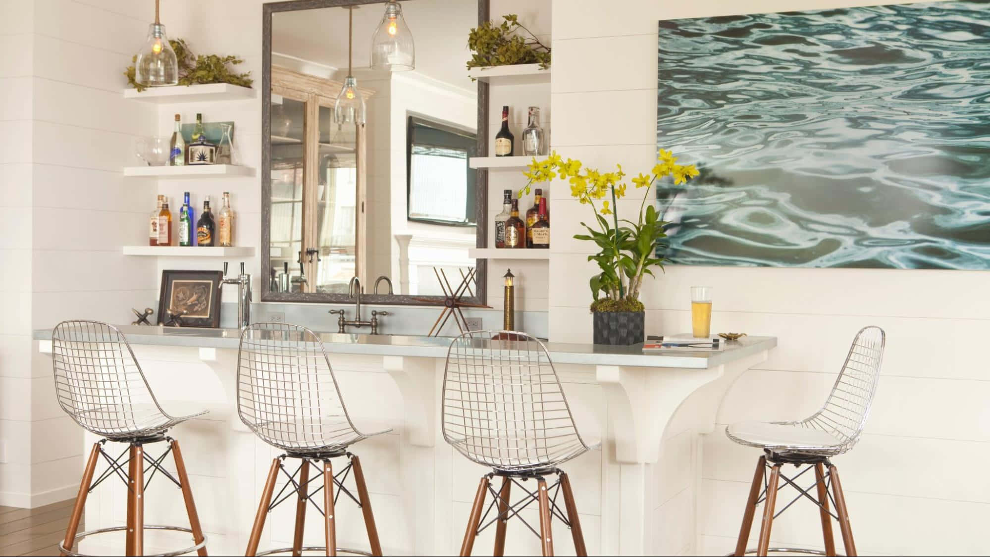 mini bar, shallow cabinets, wire-frame stools, Full HD Desktop Wallpaper