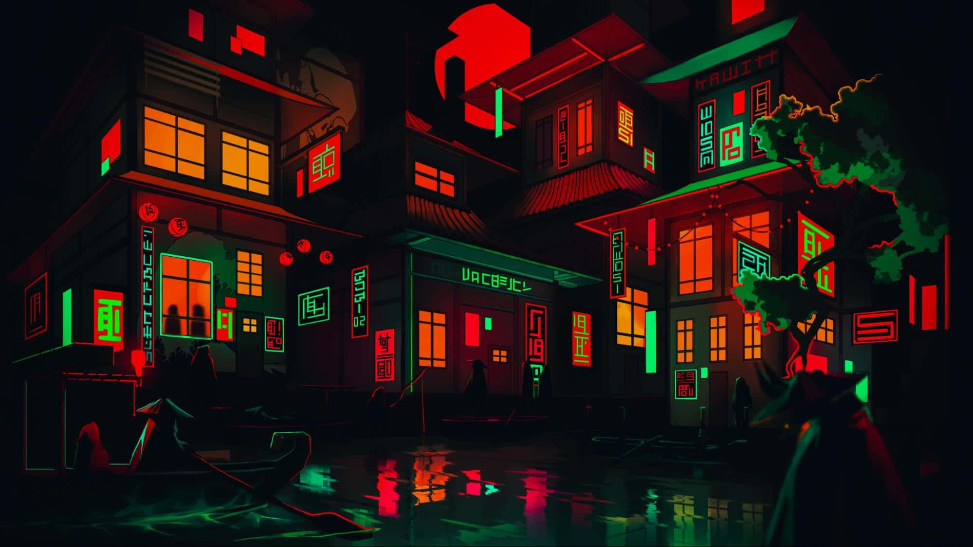 neon-lit Japanese street, night, glowing red and green signs, Full HD Desktop Wallpaper