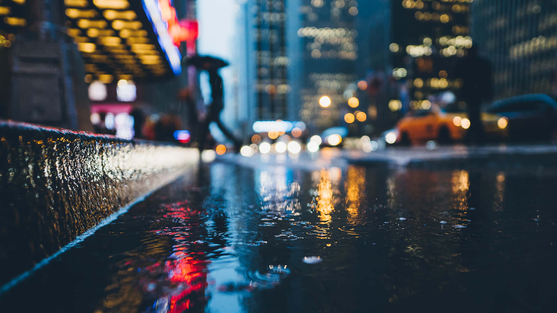 Rainy Street, neon lights, wet pavement, Full HD Desktop Wallpaper