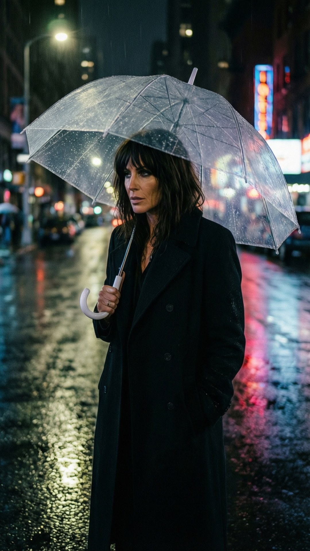 Shalom Harlow, rainy night, neon reflections, Full HD Phone Wallpaper