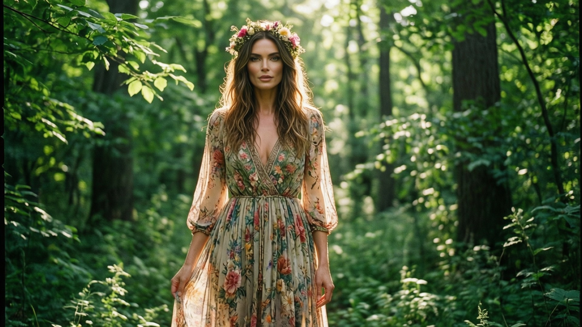 Shalom Harlow, floral dress, forest, Full HD Desktop Wallpaper