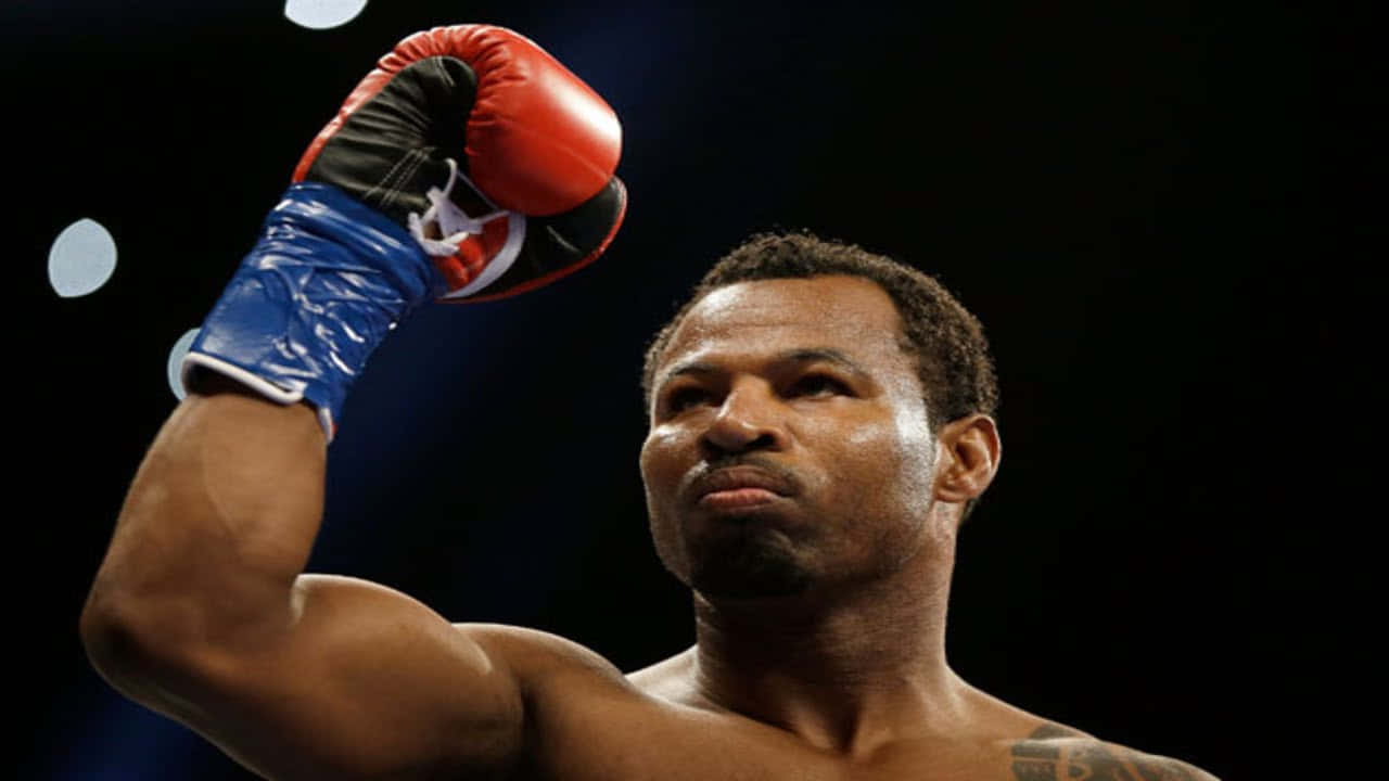 Shane Mosley, red and blue gloved fist, bright arena lights, HD Desktop Wallpaper