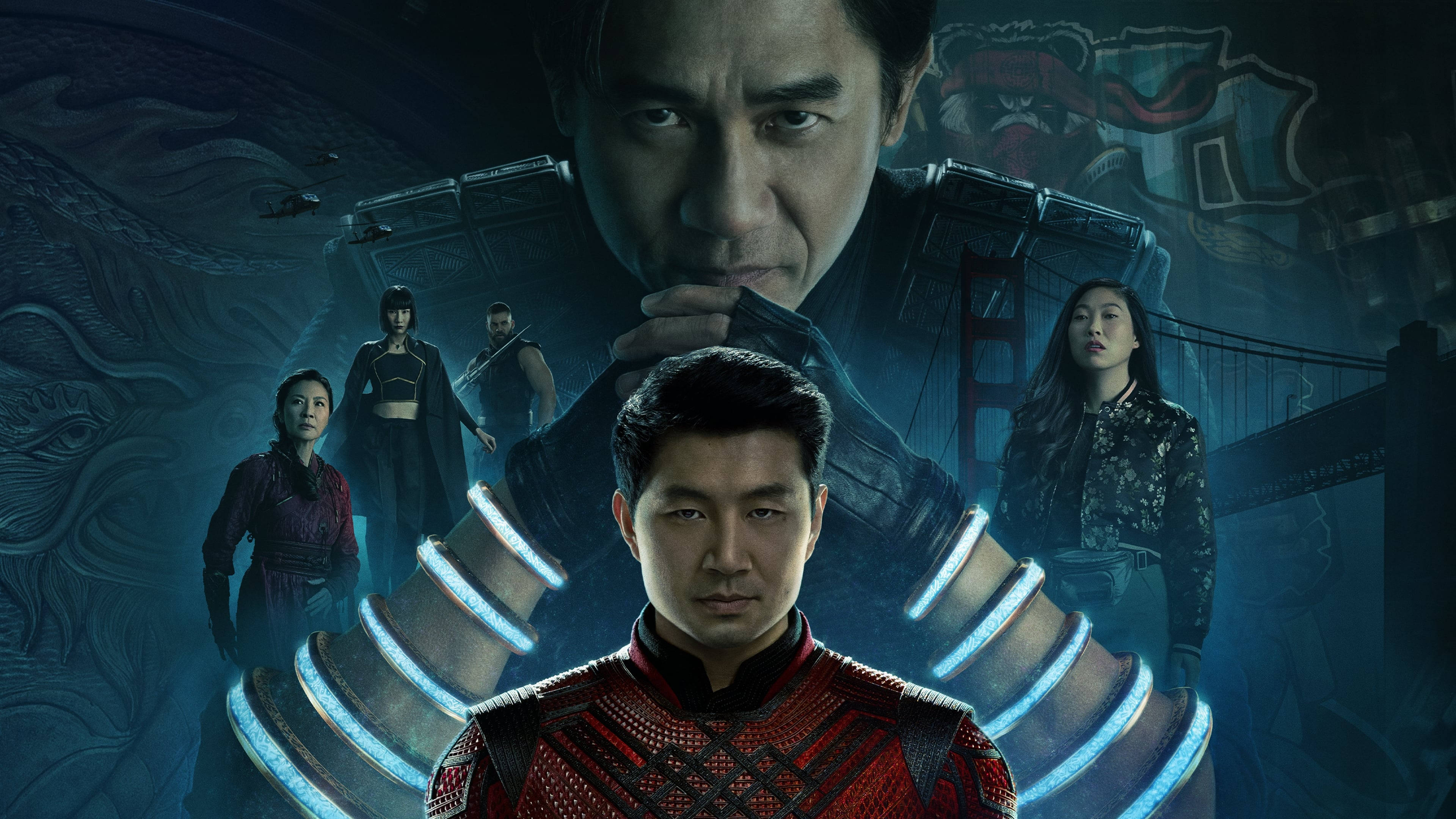 Shang Chi And The Legend Of The Ten Rings, red armor, glowing blue gauntlets, 4K Desktop Wallpaper