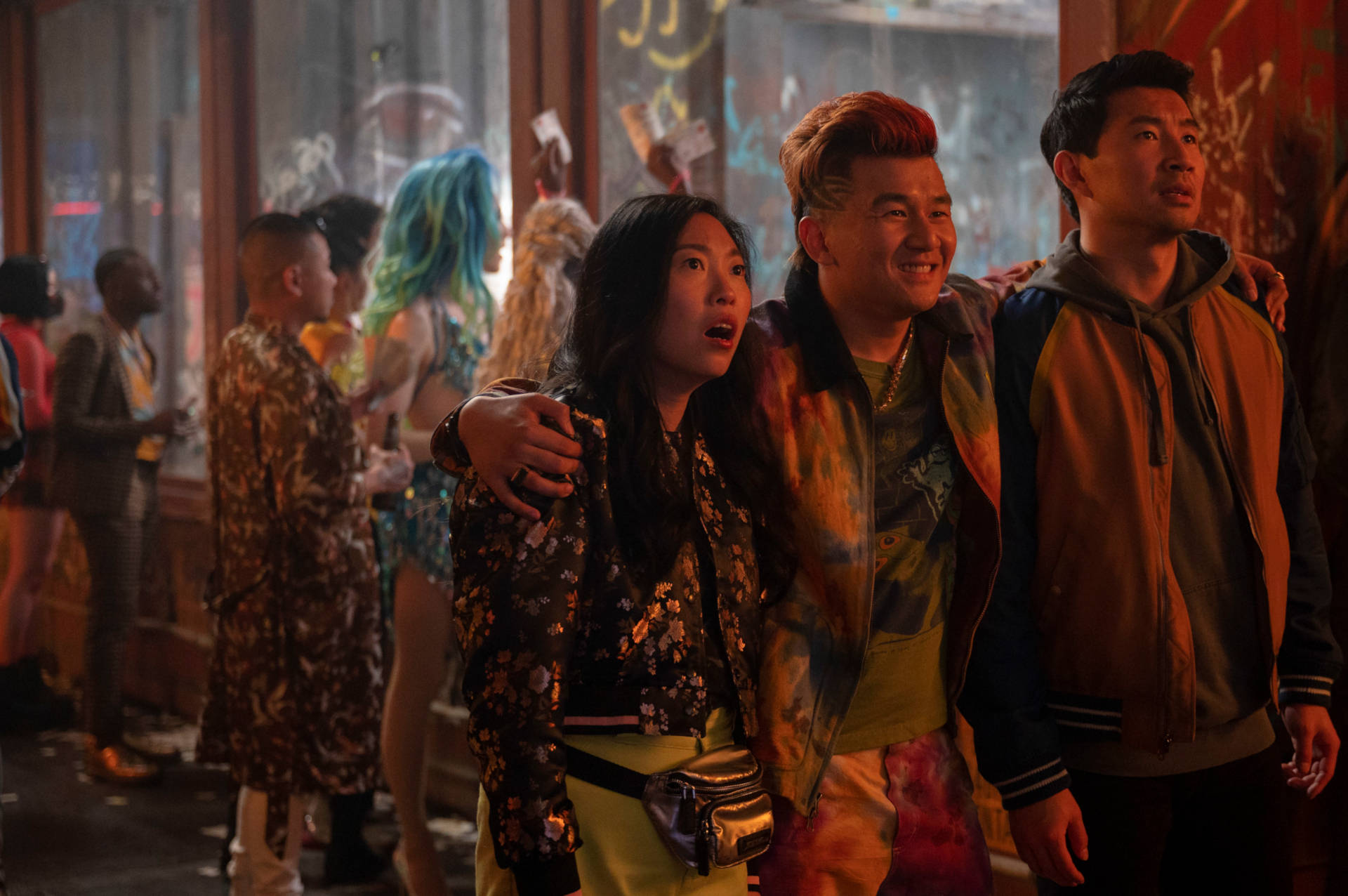 Shang Chi, neon-lit club, colorful graffiti, Full HD Desktop Wallpaper