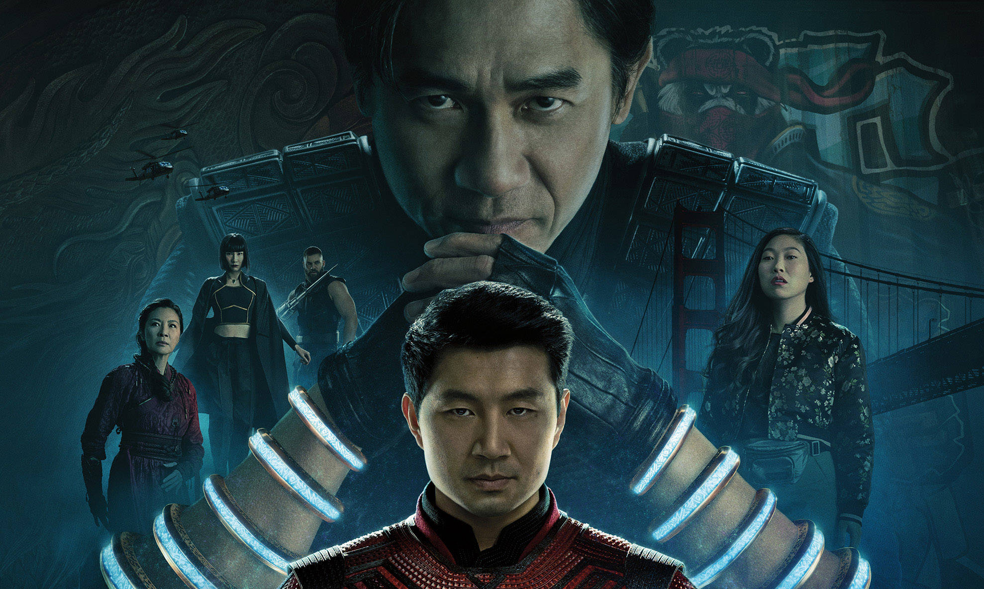 Shang-Chi, glowing blue arm bands, dark mystical backdrop, Full HD Desktop Wallpaper