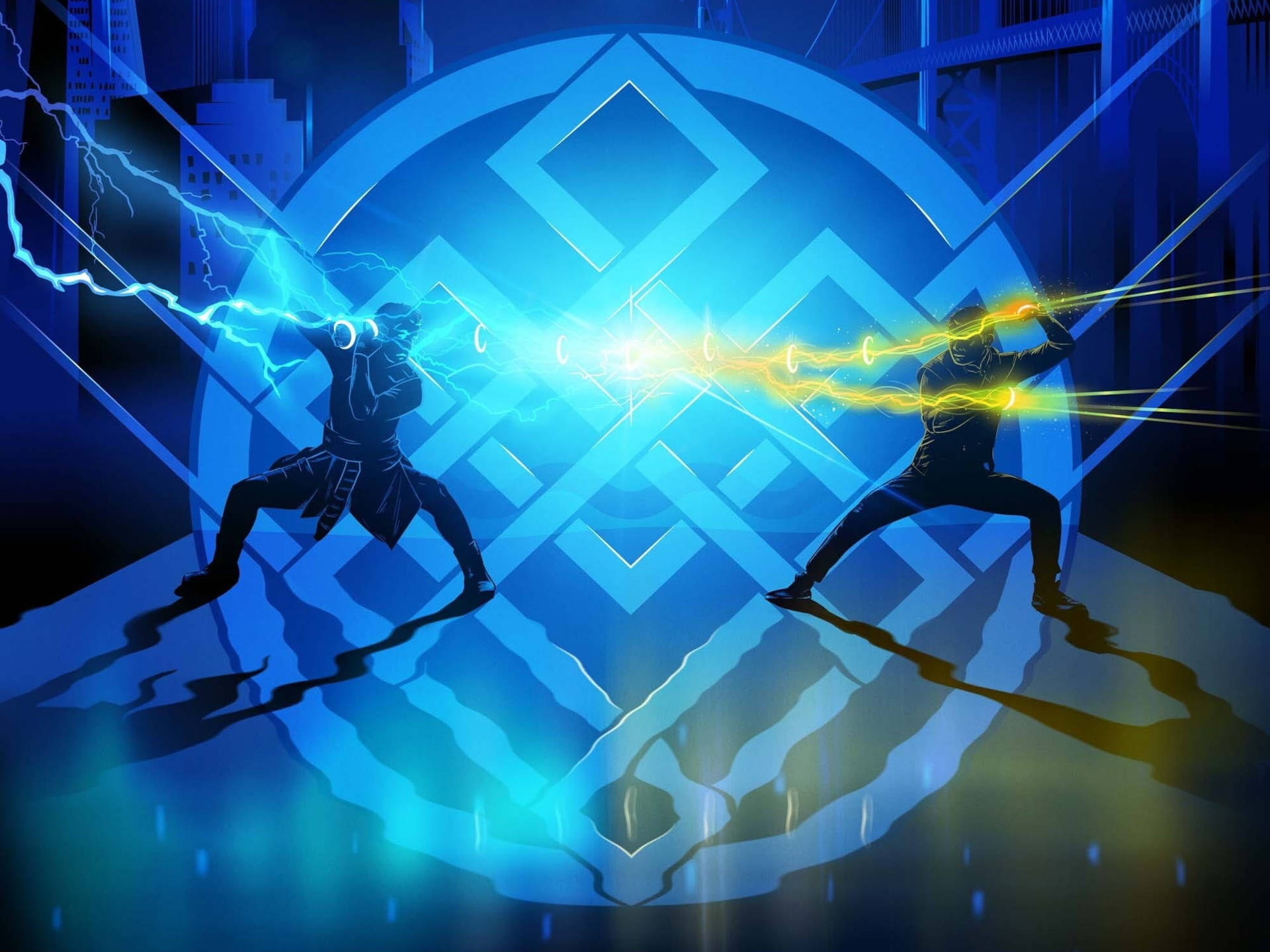 Shang-Chi, neon-lit urban arena, blue and yellow energy blasts, Full HD Desktop Wallpaper