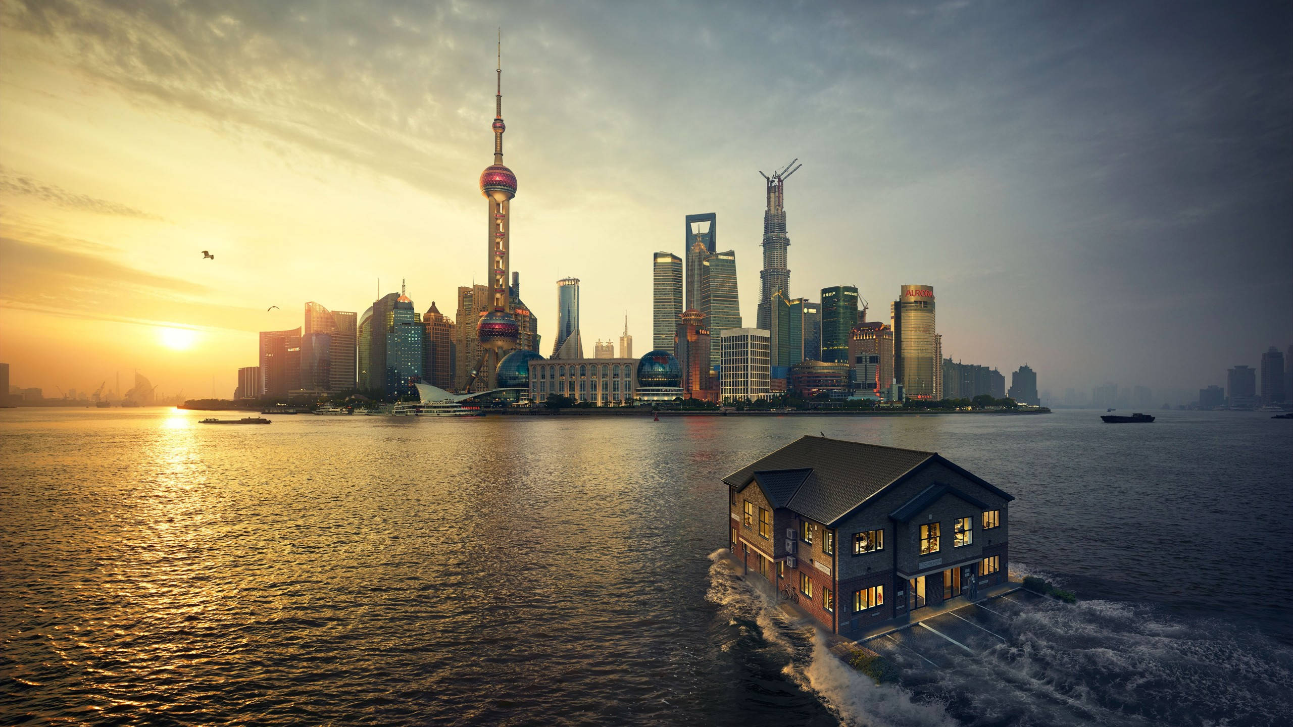 Shanghai, futuristic city skyline, sunset, 2K Desktop Wallpaper