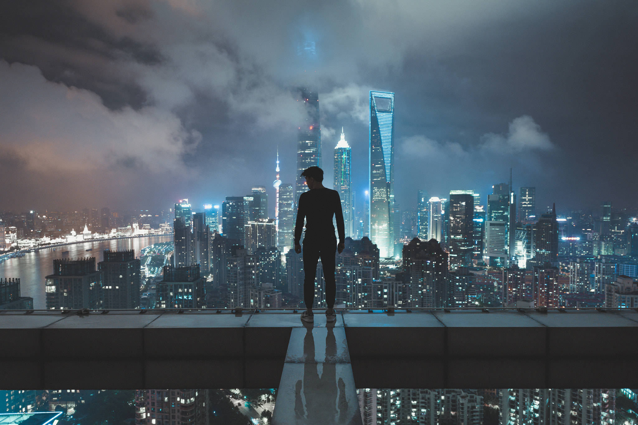 Shanghai, rooftop, neon-lit cityscape, Full HD Desktop Wallpaper