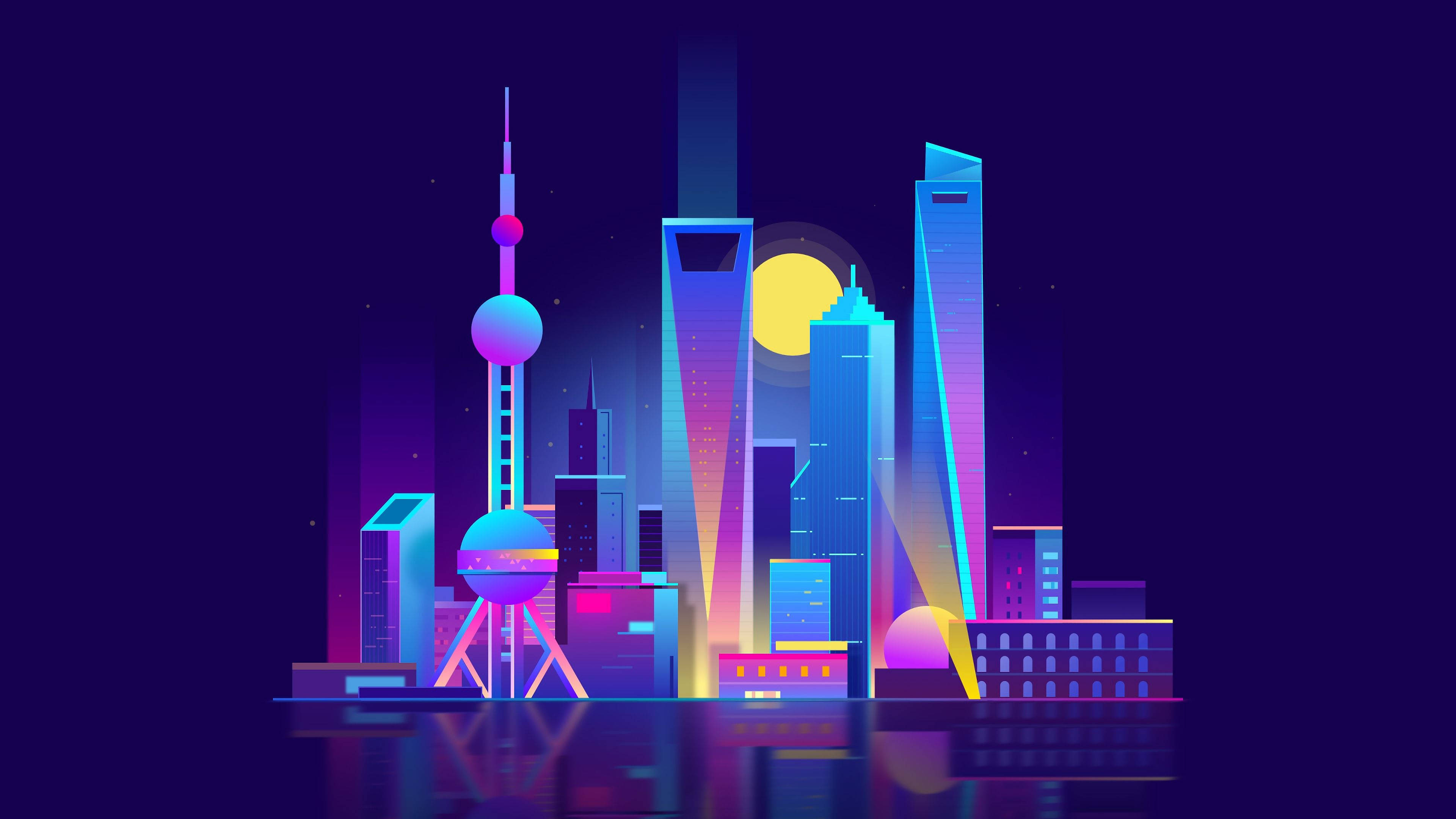 Shanghai, neon-lit skyscrapers, water, 4K Desktop Wallpaper
