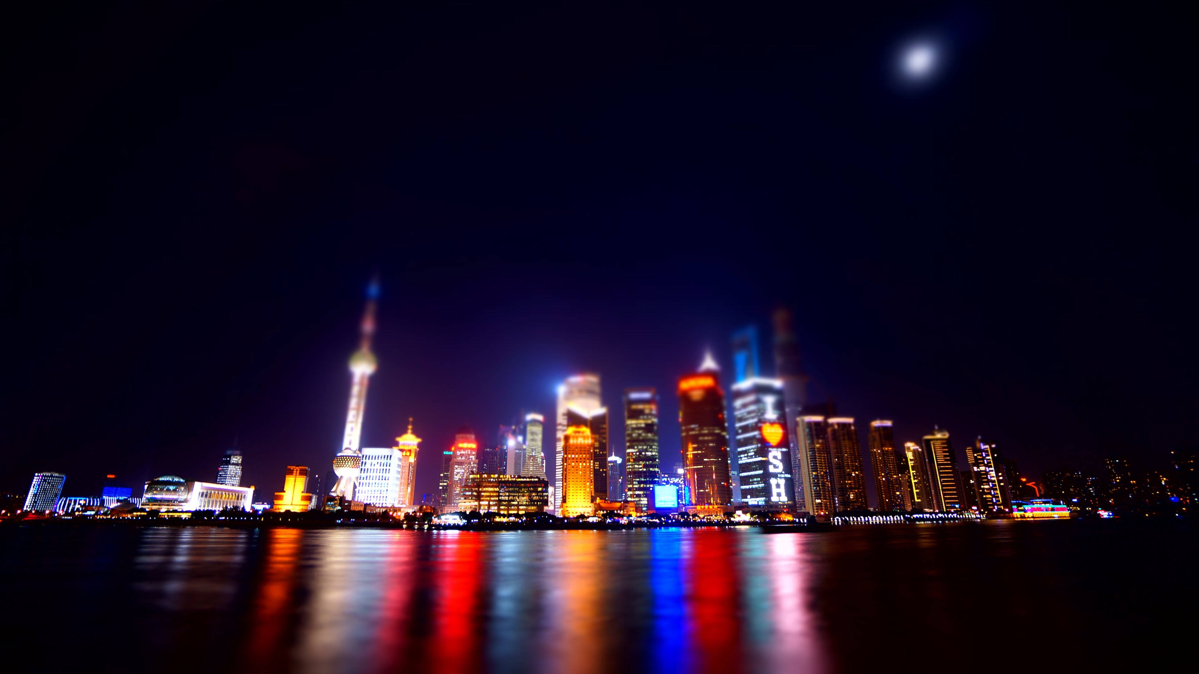 Shanghai, waterside city, night cityscape, 4K Desktop Wallpaper