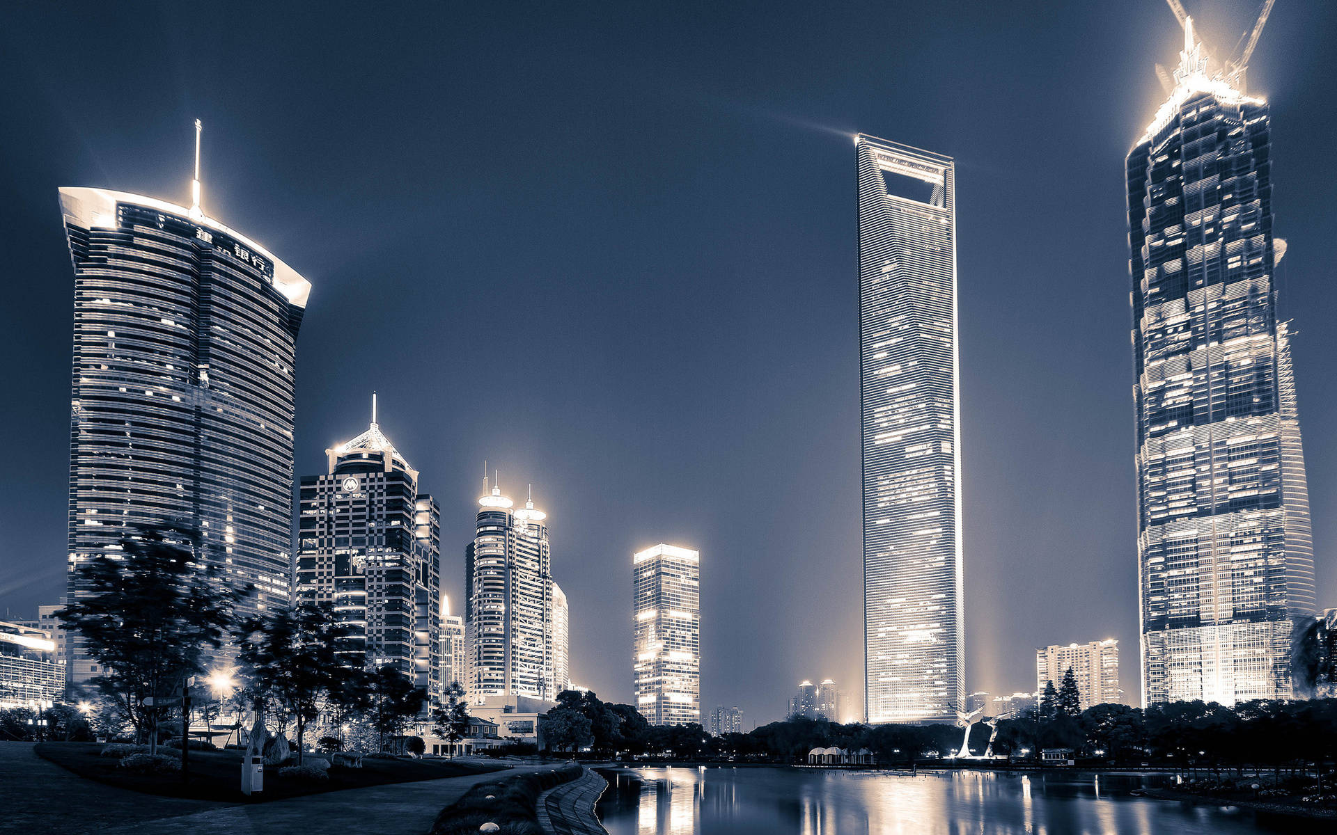 Shanghai, skyscrapers, night sky, Full HD Desktop Wallpaper