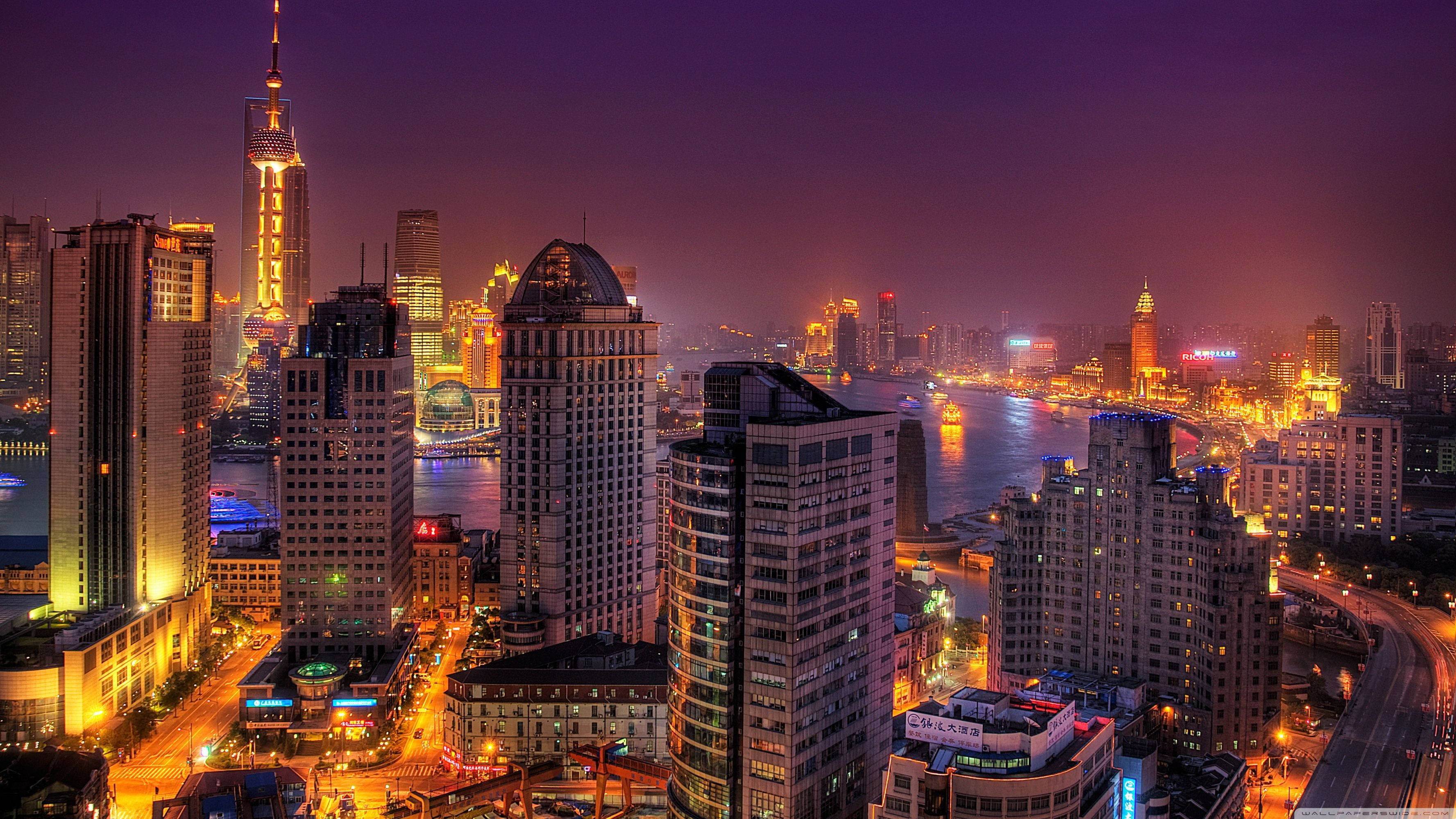 Shanghai, night, skyscrapers, 2K Desktop Wallpaper