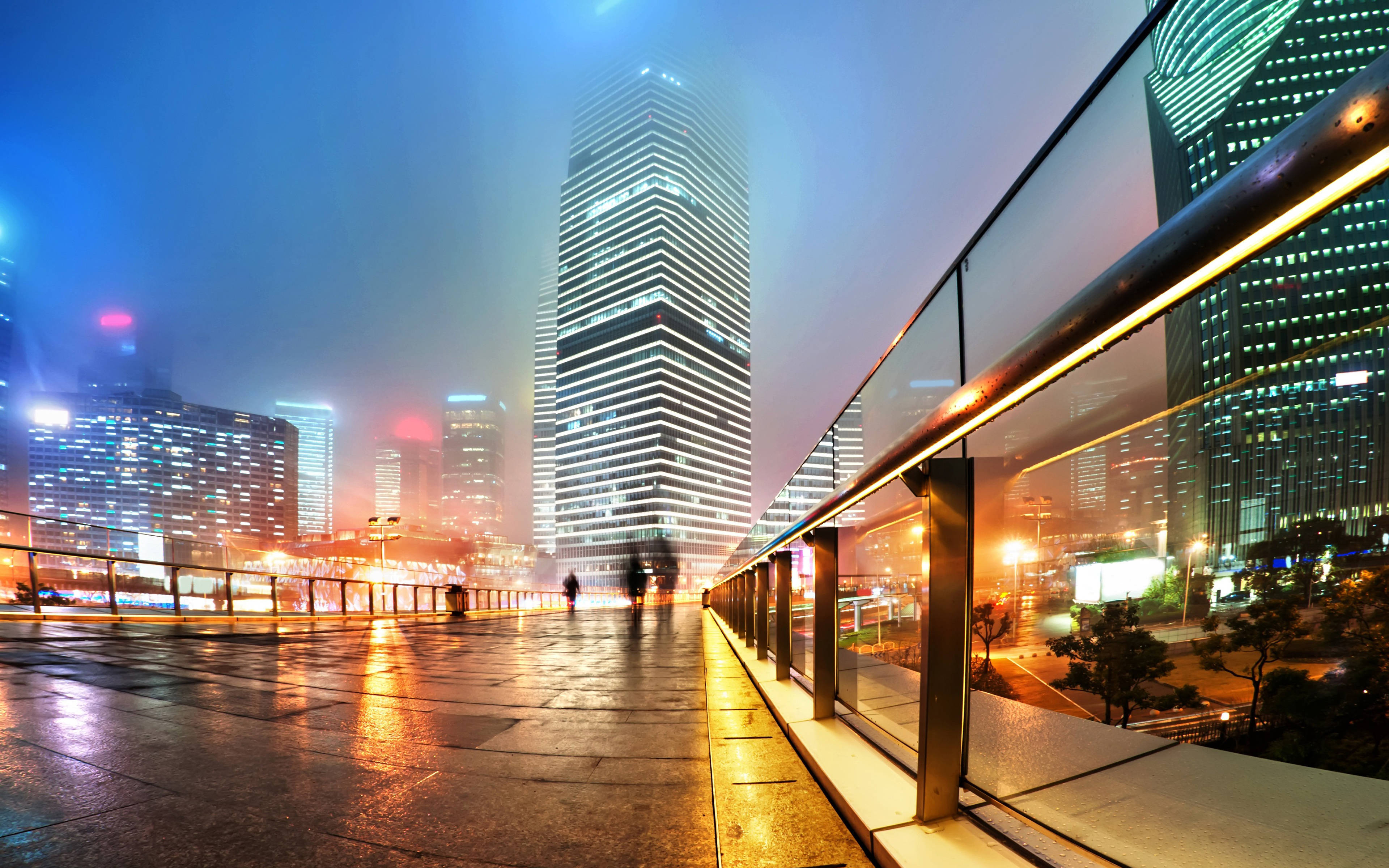 Shanghai, Night, Neon lights, 4K Desktop Wallpaper