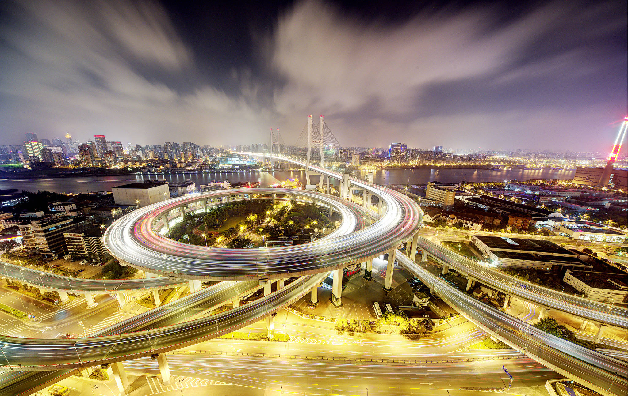 modern spiral bridge, Shanghai, night time-lapse, Full HD Desktop Wallpaper
