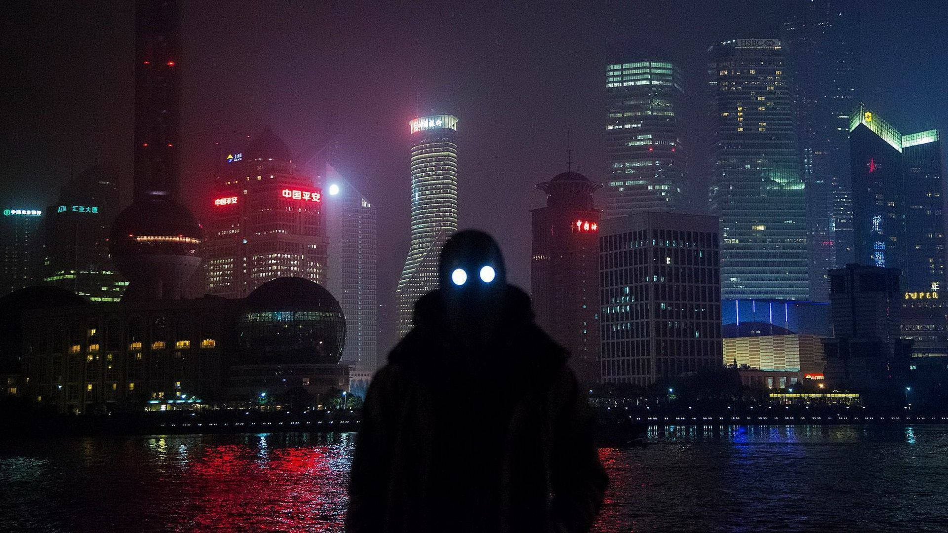 Shanghai, night time view, cyberpunk, Full HD Desktop Wallpaper