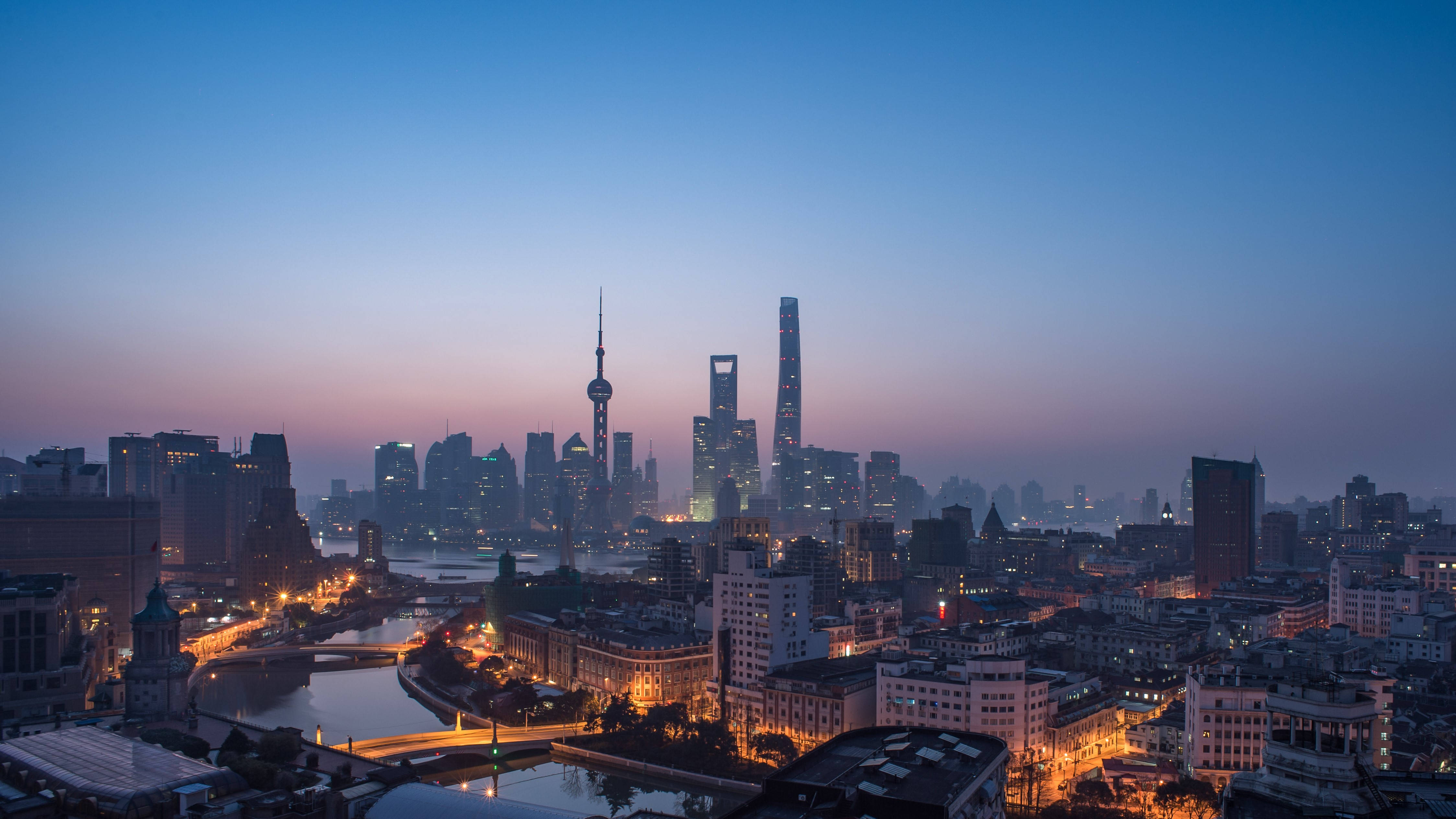 Shanghai, twilight, skyline, 4K Desktop Wallpaper