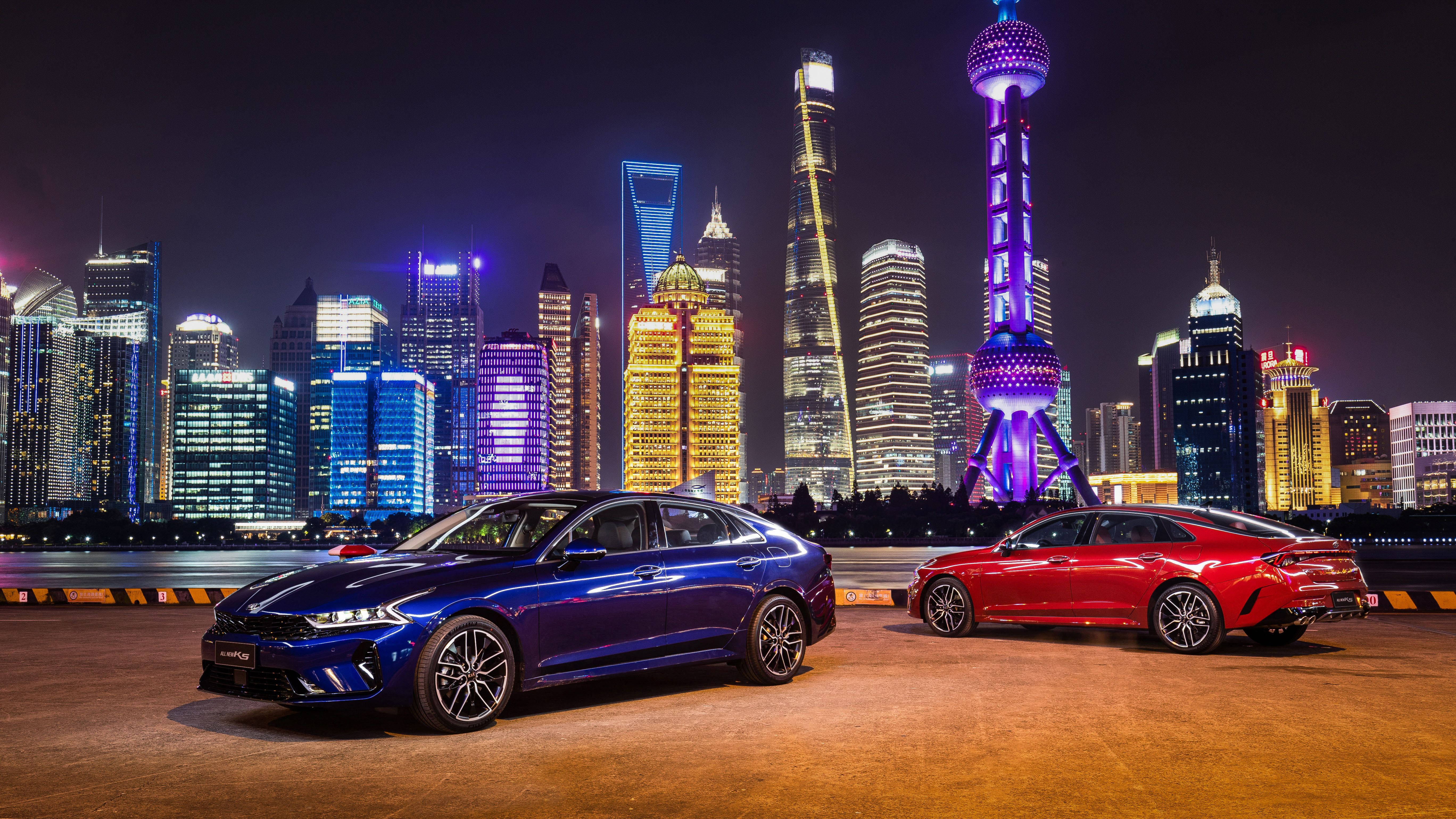 Shanghai, modern cityscape, sleek sedans, 5K Desktop Wallpaper